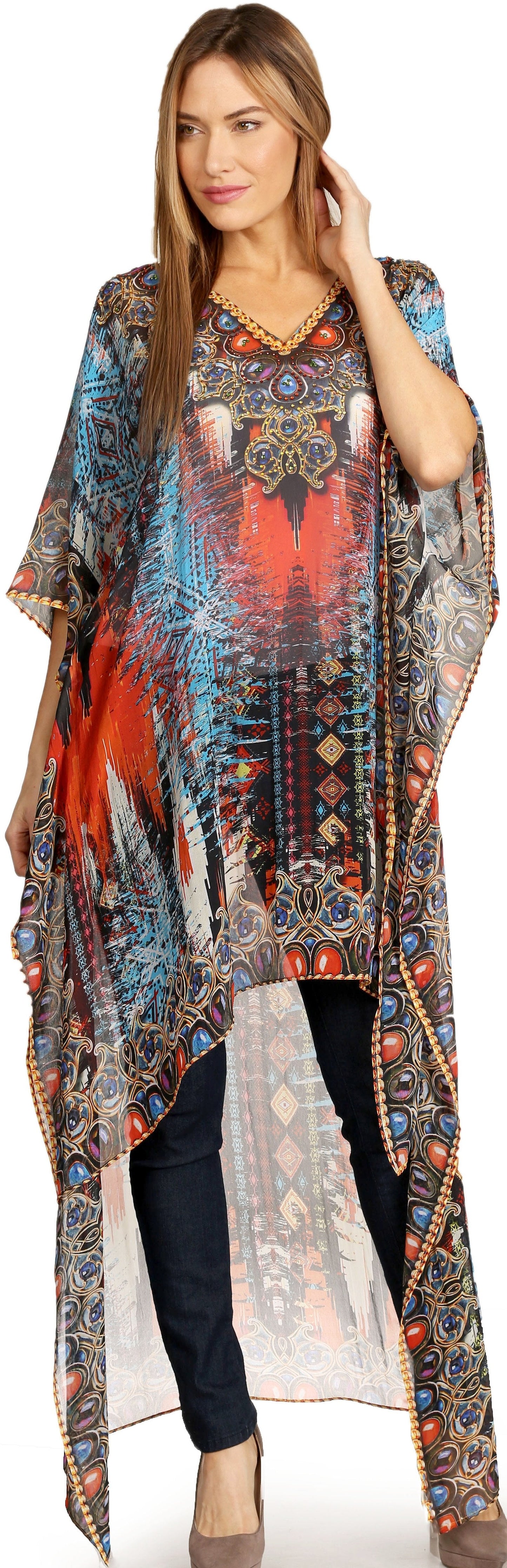 Sakkas Zeke Hi Low V-Neck Caftan Dress Printed Top Cover / Up - Concordia Style Boutique