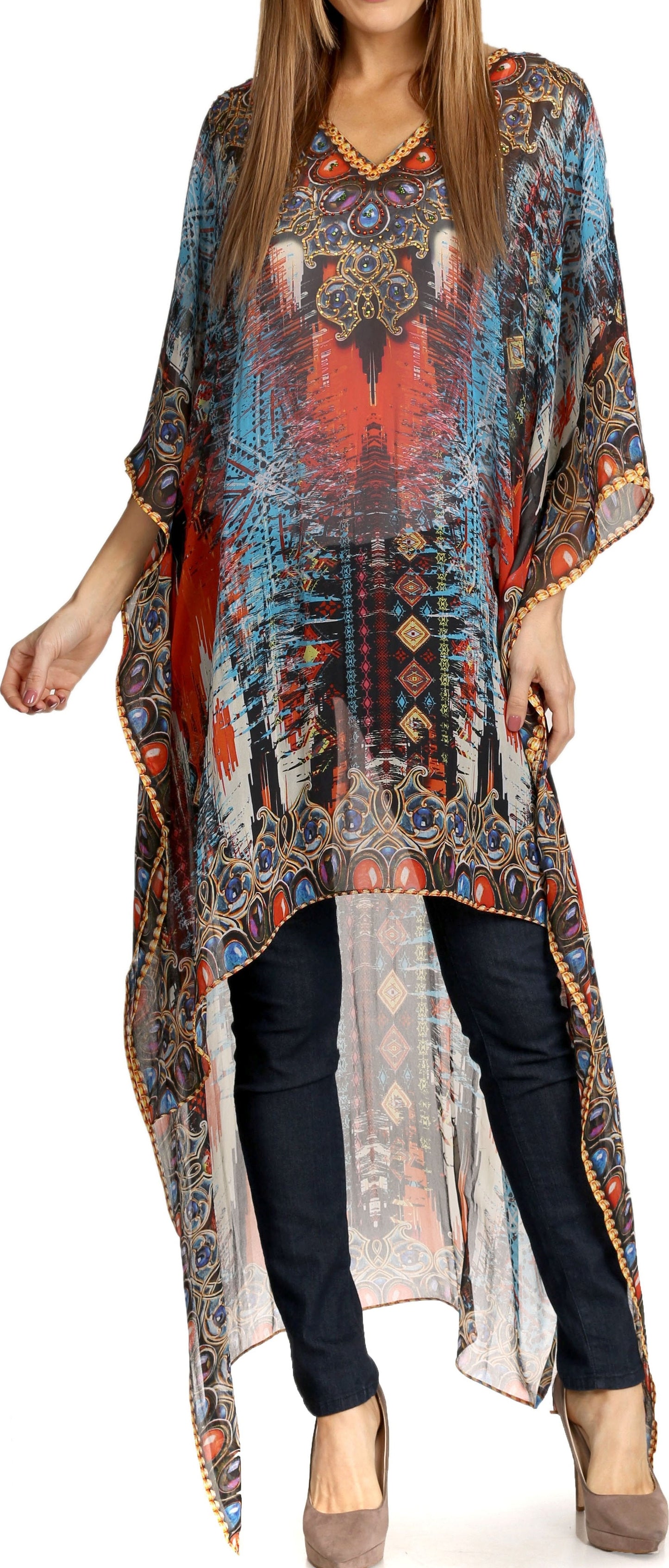 Sakkas Zeke Hi Low V-Neck Caftan Dress Printed Top Cover / Up - Concordia Style Boutique