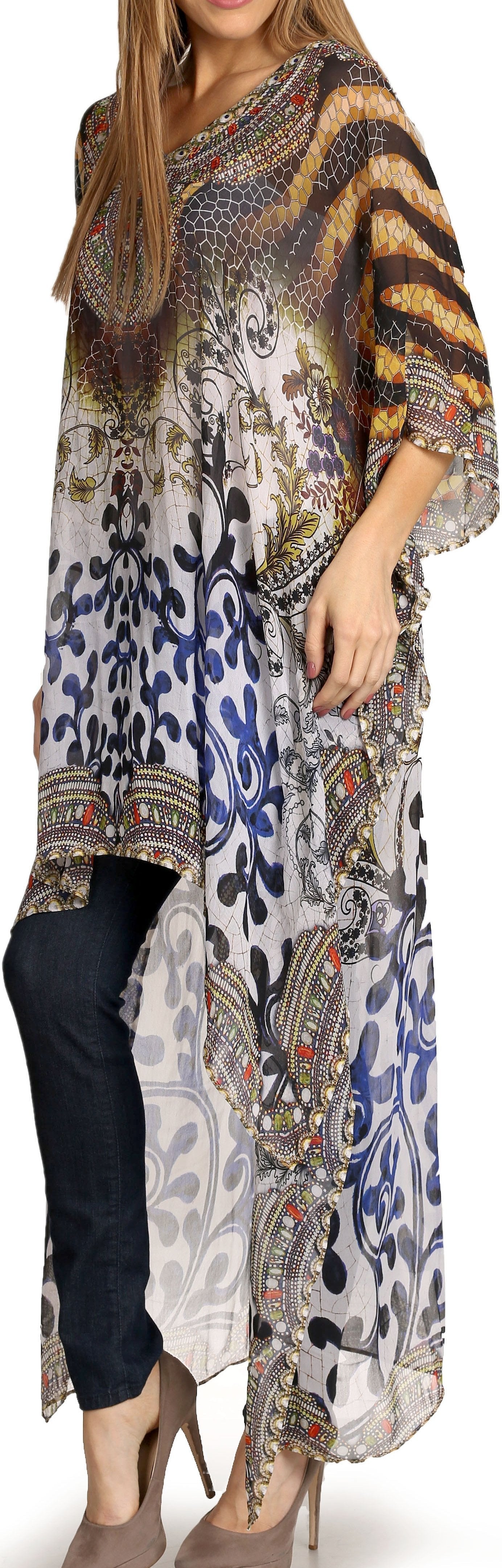 Sakkas Zeke Hi Low V-Neck Caftan Dress Printed Top Cover / Up - Concordia Style Boutique
