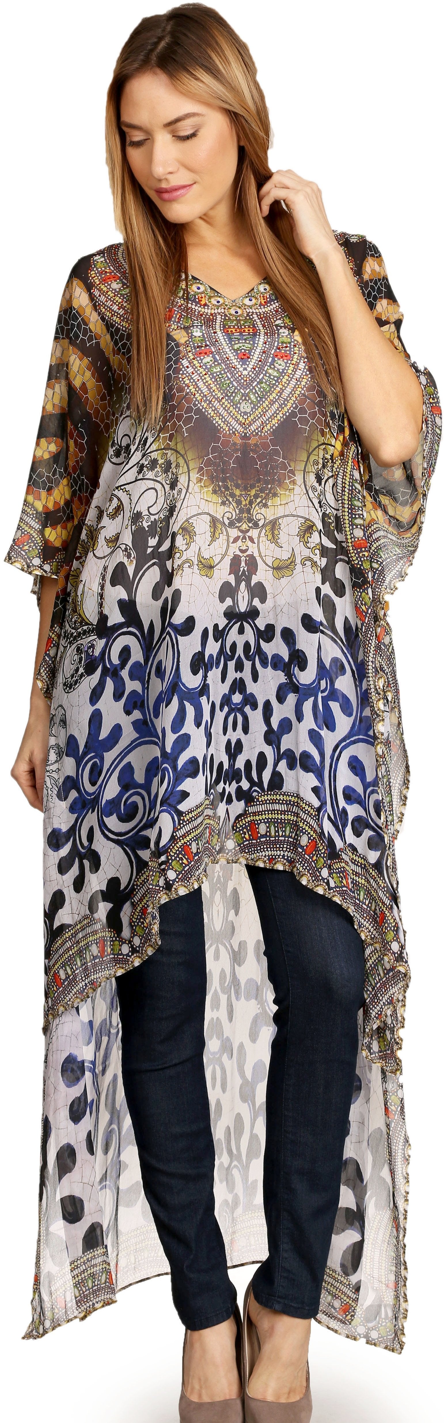 Sakkas Zeke Hi Low V-Neck Caftan Dress Printed Top Cover / Up - Concordia Style Boutique