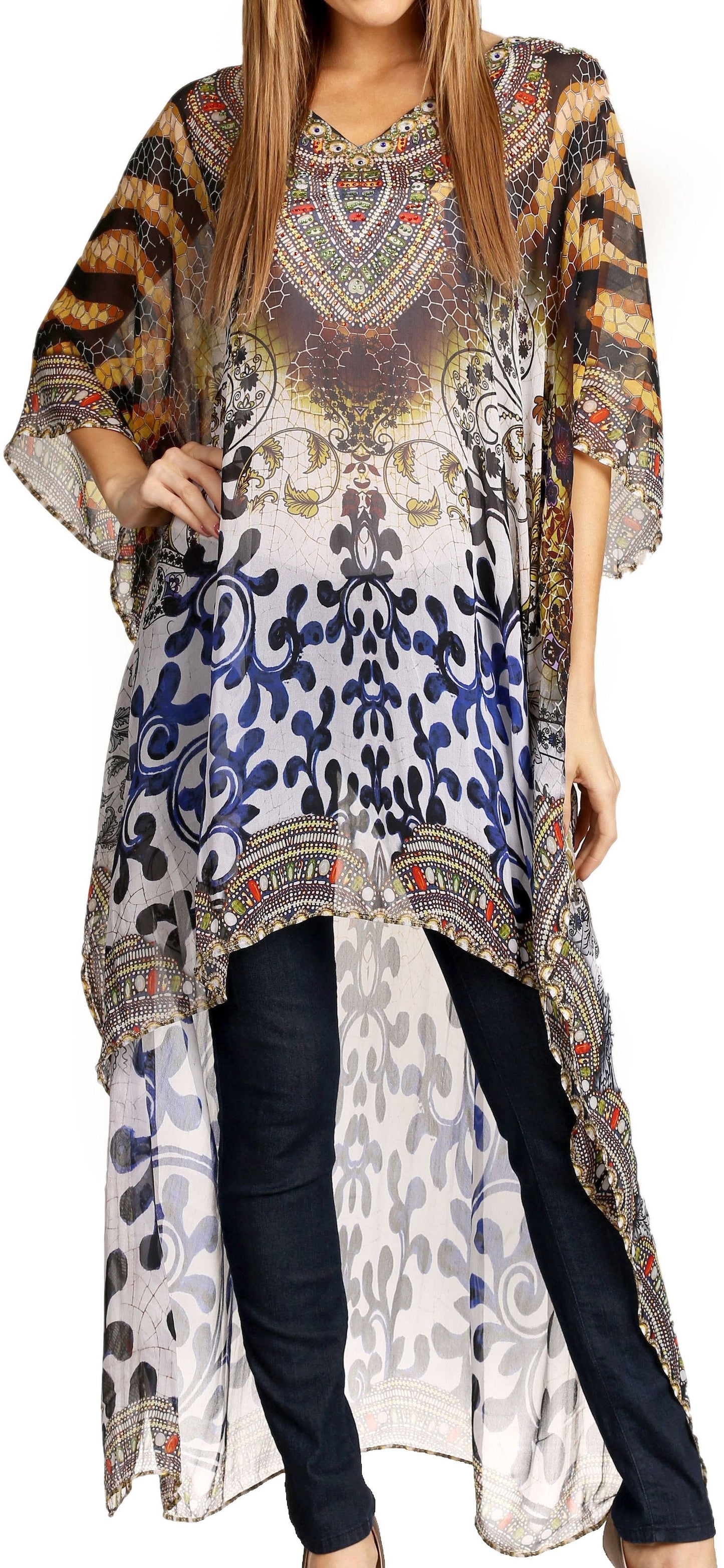 Sakkas Zeke Hi Low V-Neck Caftan Dress Printed Top Cover / Up - Concordia Style Boutique