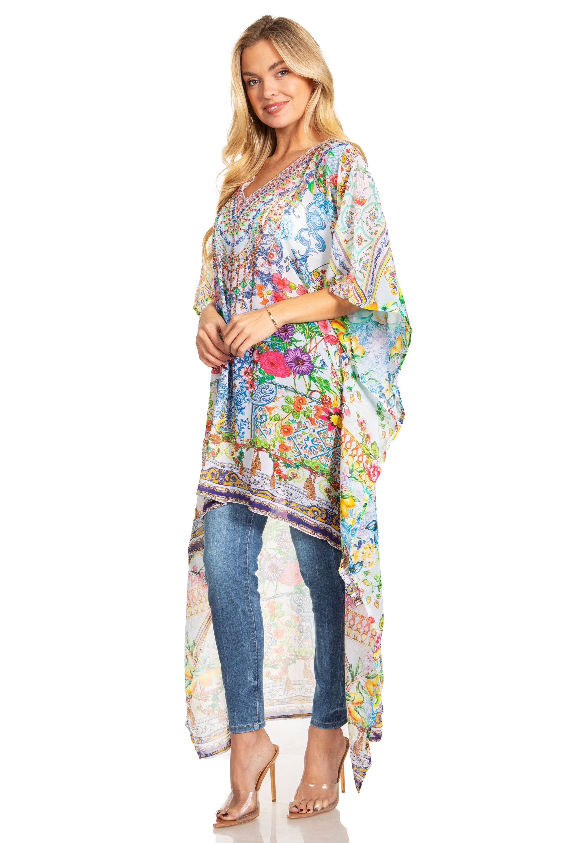 Sakkas Zeke Hi Low V-Neck Caftan Dress Printed Top Cover / Up - Concordia Style Boutique