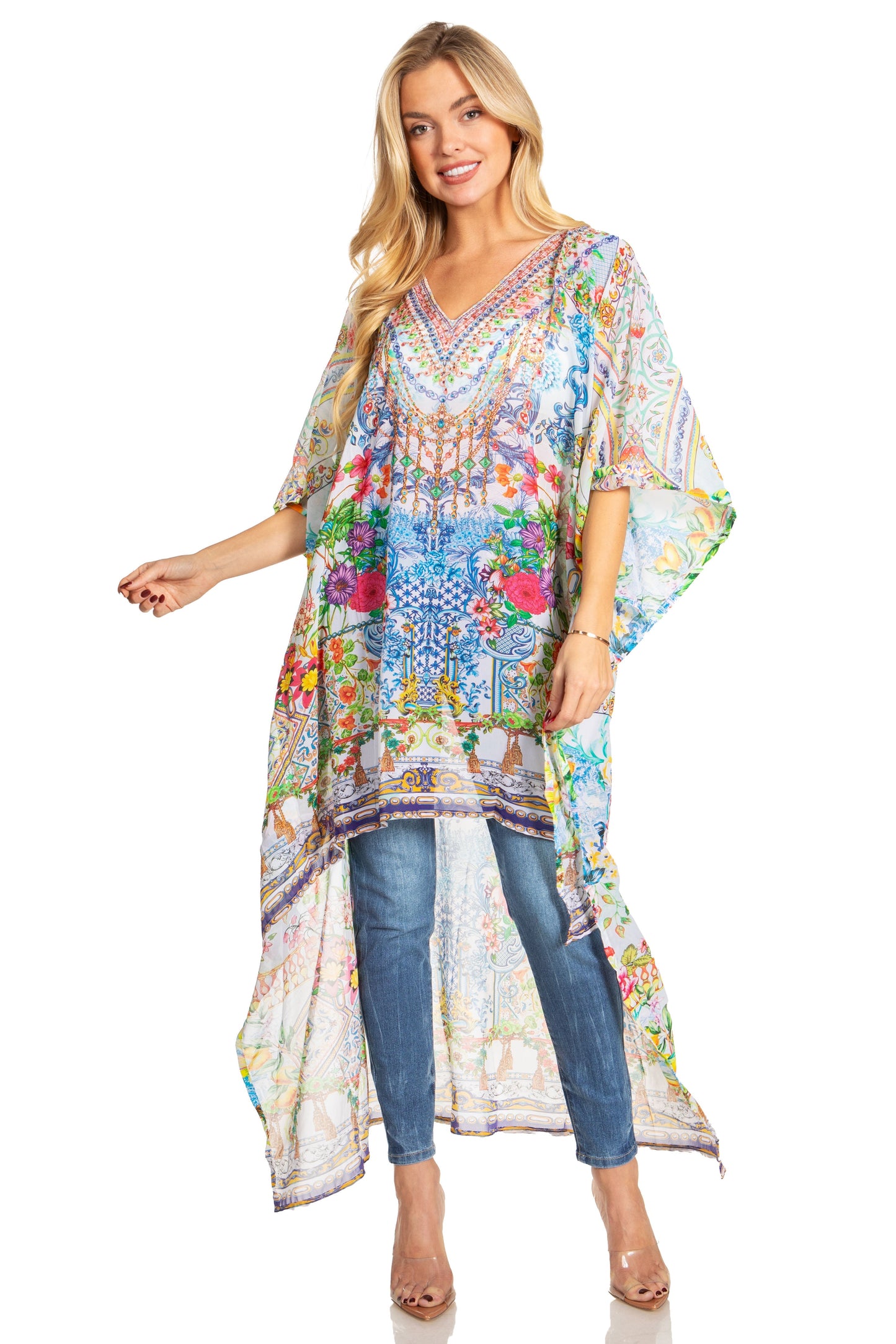 Sakkas Zeke Hi Low V-Neck Caftan Dress Printed Top Cover / Up - Concordia Style Boutique