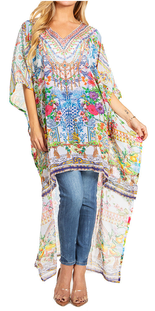 Sakkas Zeke Hi Low V-Neck Caftan Dress Printed Top Cover / Up - Concordia Style Boutique