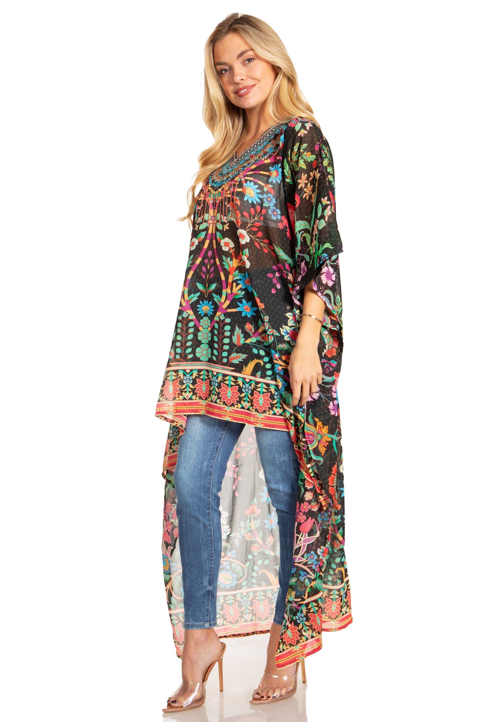 Sakkas Zeke Hi Low V-Neck Caftan Dress Printed Top Cover / Up - Concordia Style Boutique