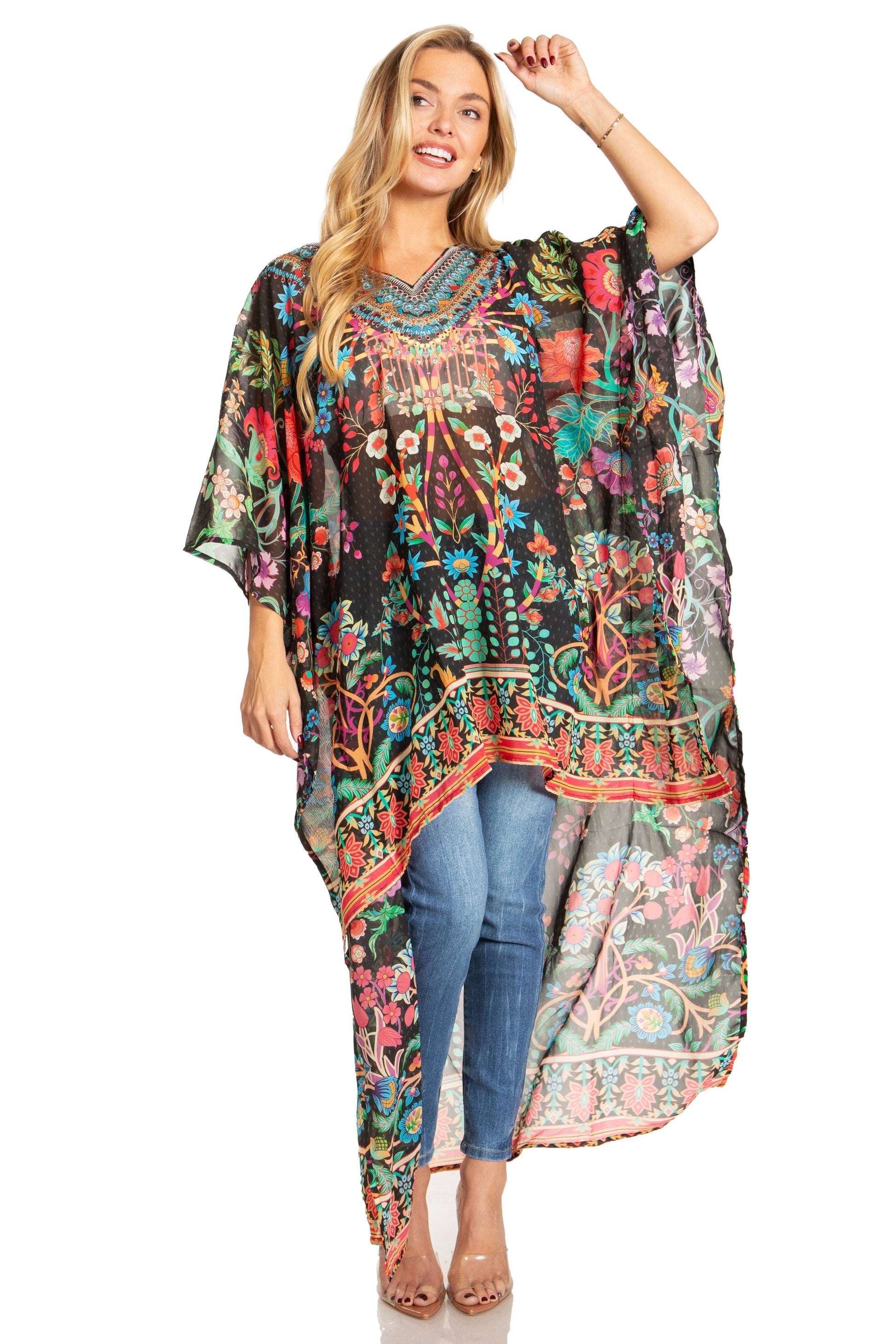 Sakkas Zeke Hi Low V-Neck Caftan Dress Printed Top Cover / Up - Concordia Style Boutique