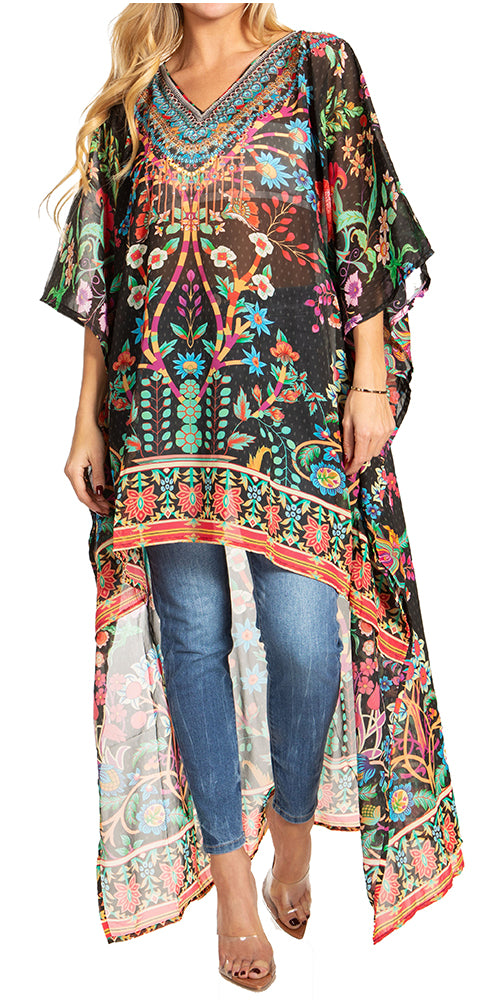 Sakkas Zeke Hi Low V-Neck Caftan Dress Printed Top Cover / Up - Concordia Style Boutique