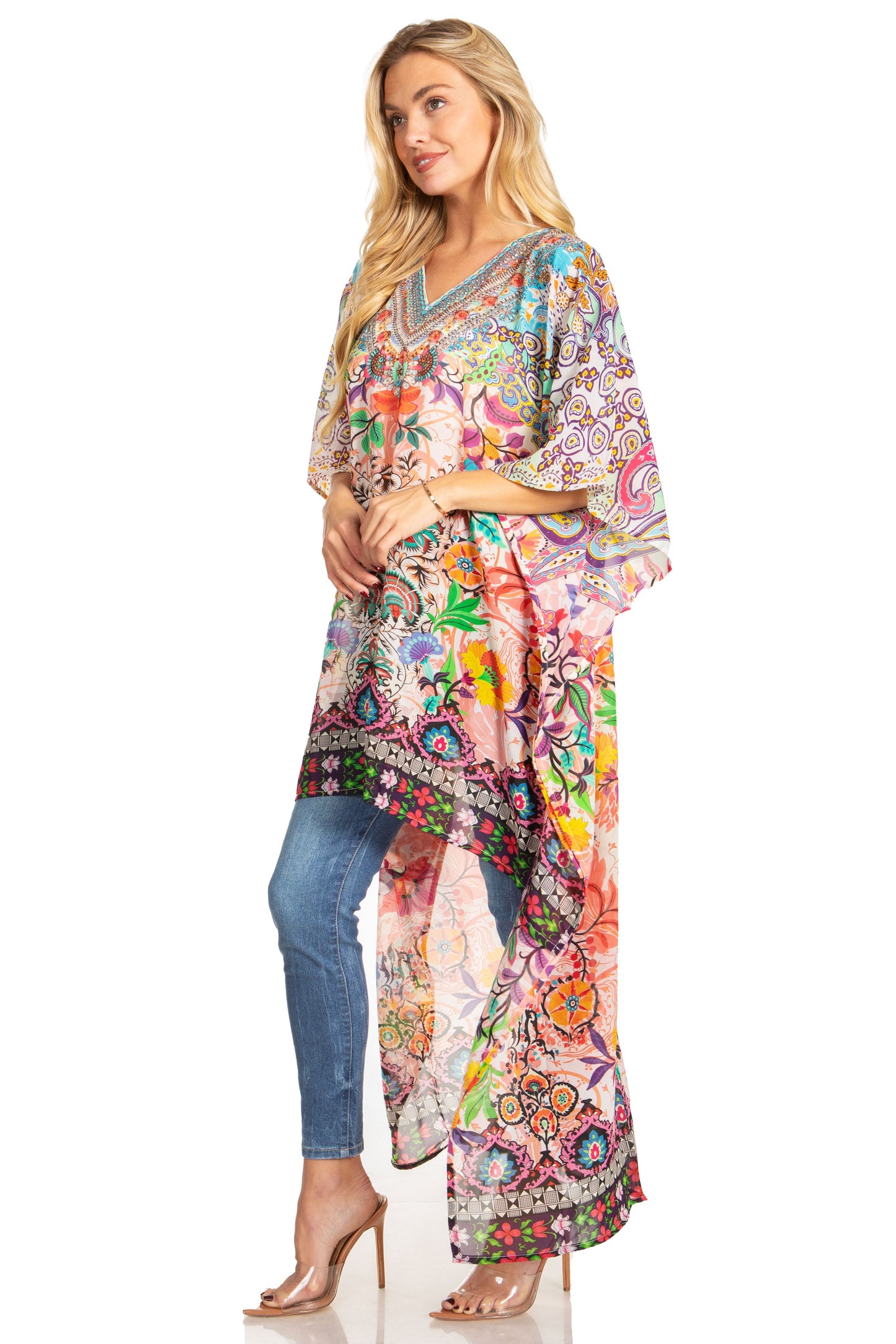 Sakkas Zeke Hi Low V-Neck Caftan Dress Printed Top Cover / Up - Concordia Style Boutique