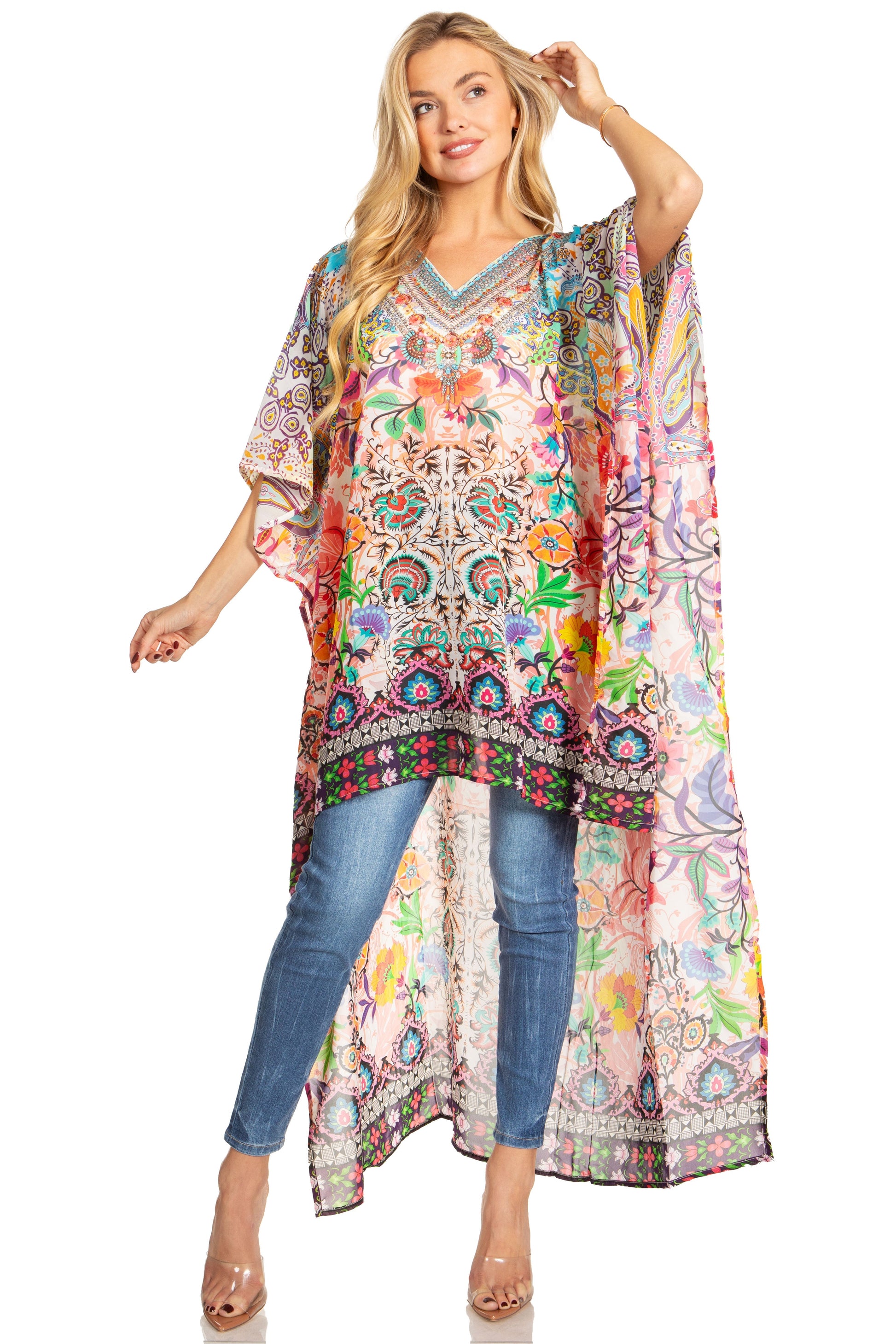 Sakkas Zeke Hi Low V-Neck Caftan Dress Printed Top Cover / Up - Concordia Style Boutique