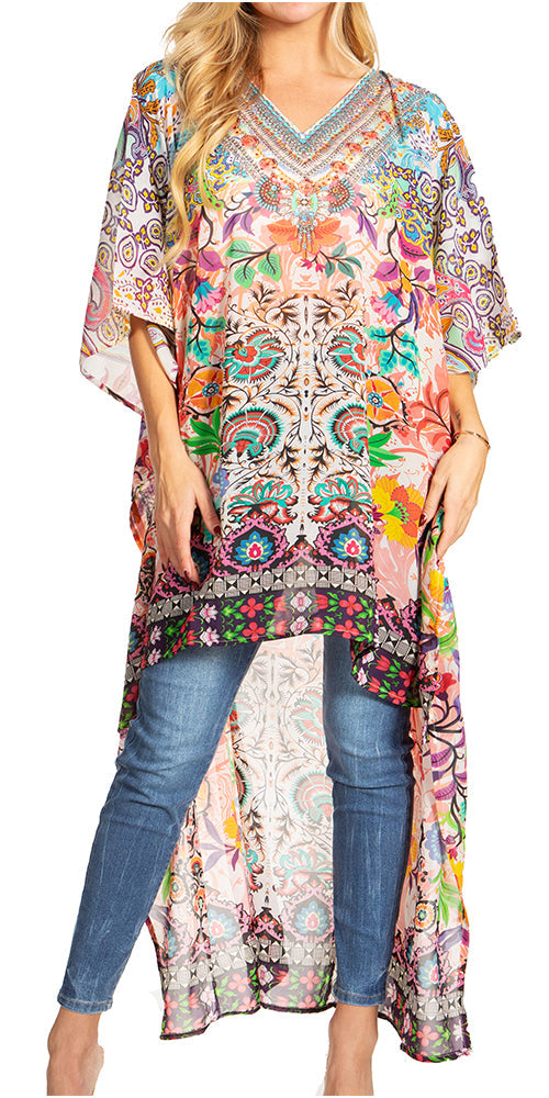 Sakkas Zeke Hi Low V-Neck Caftan Dress Printed Top Cover / Up - Concordia Style Boutique