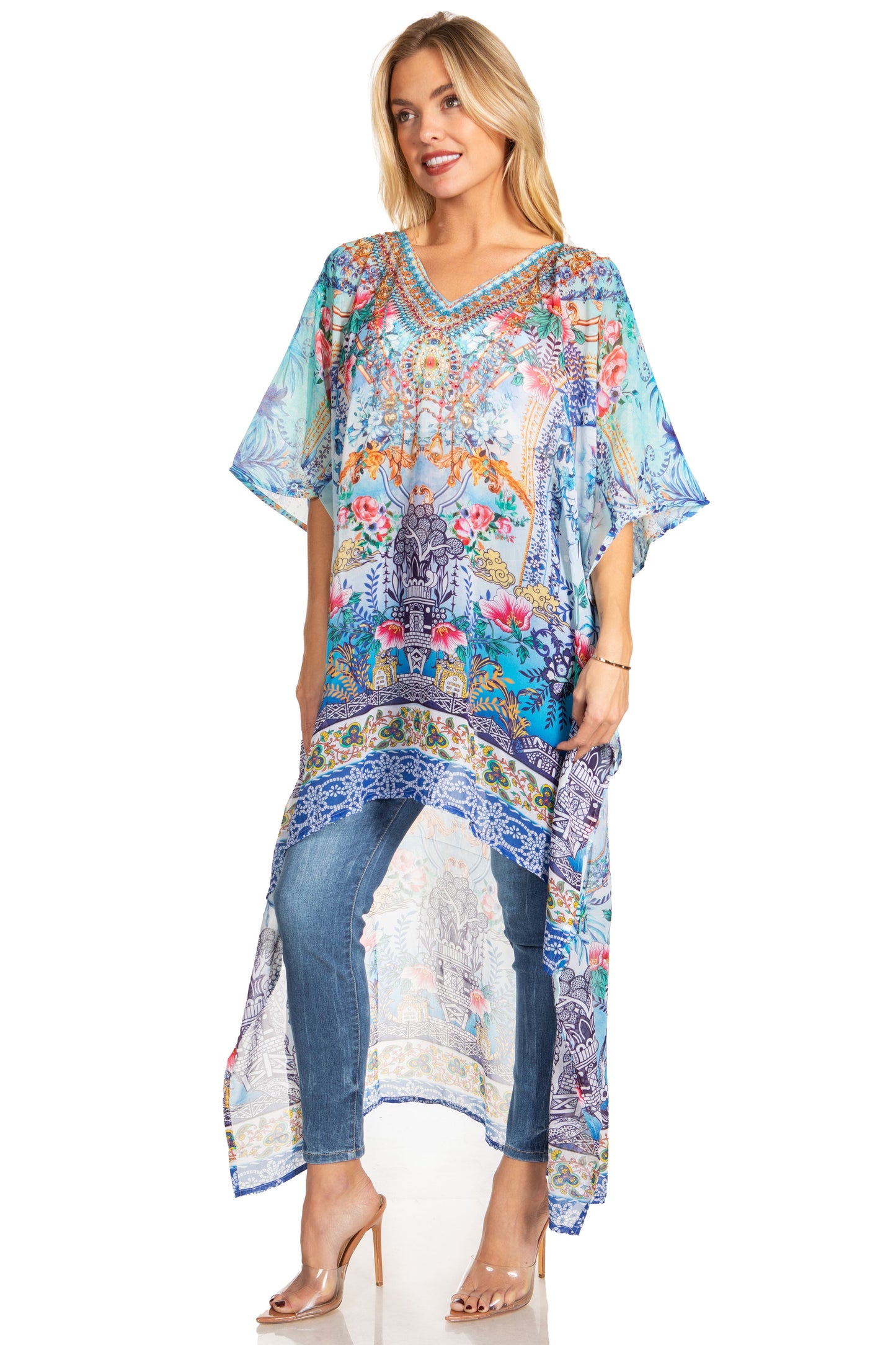 Sakkas Zeke Hi Low V-Neck Caftan Dress Printed Top Cover / Up - Concordia Style Boutique