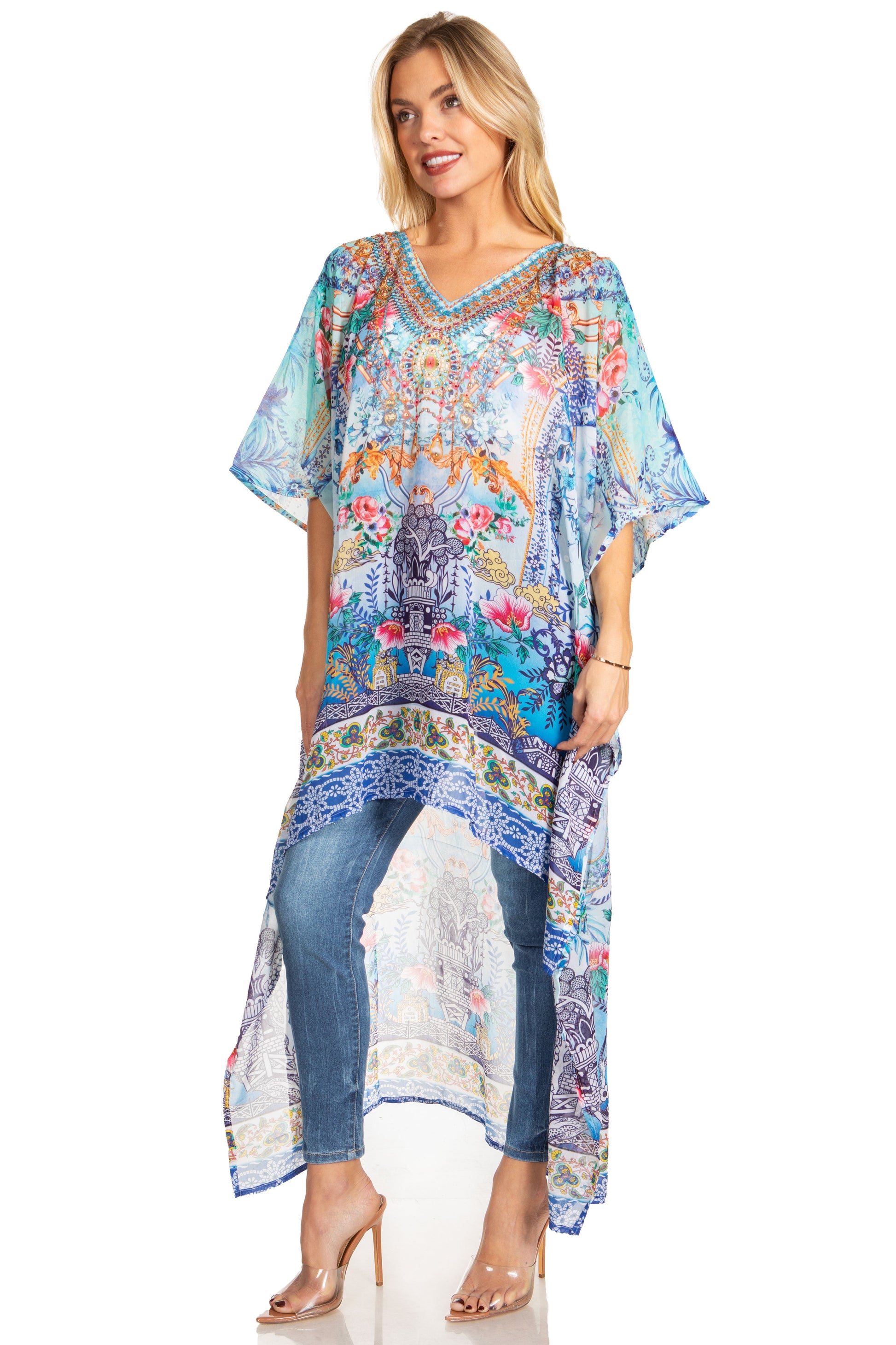 Sakkas Zeke Hi Low V-Neck Caftan Dress Printed Top Cover / Up - Concordia Style Boutique