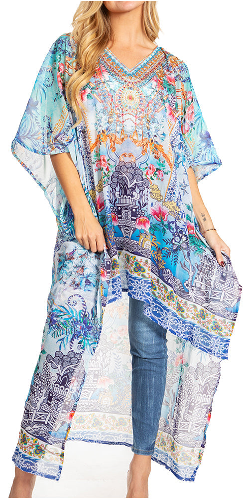 Sakkas Zeke Hi Low V-Neck Caftan Dress Printed Top Cover / Up - Concordia Style Boutique