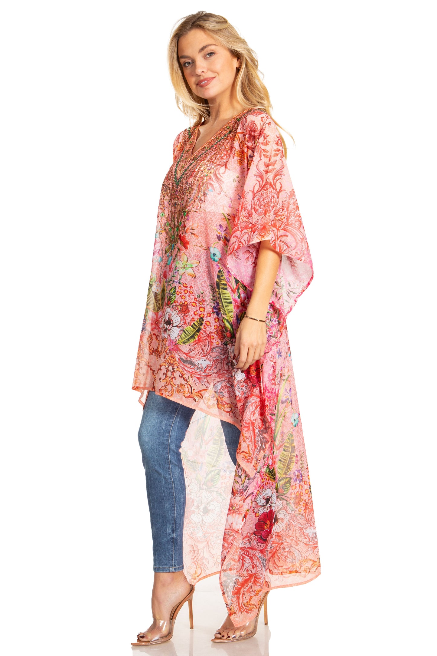 Sakkas Zeke Hi Low V-Neck Caftan Dress Printed Top Cover / Up - Concordia Style Boutique
