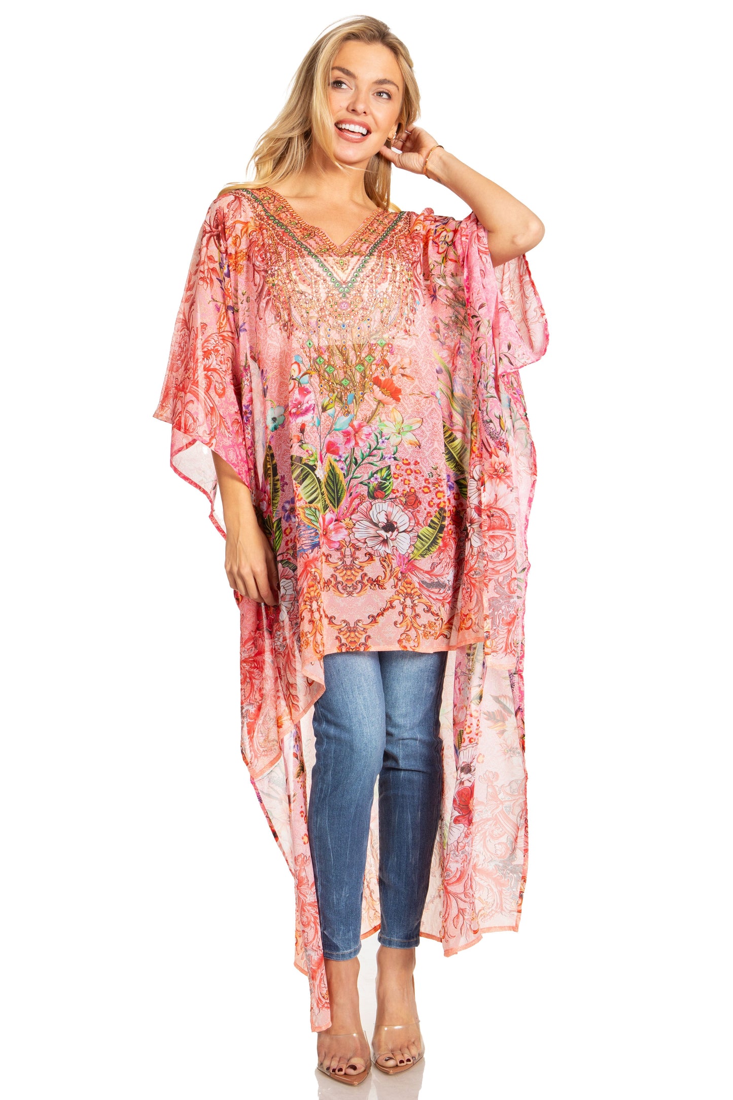 Sakkas Zeke Hi Low V-Neck Caftan Dress Printed Top Cover / Up - Concordia Style Boutique