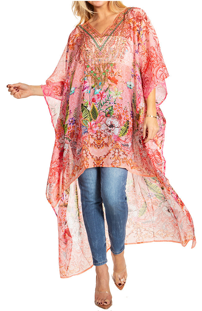 Sakkas Zeke Hi Low V-Neck Caftan Dress Printed Top Cover / Up - Concordia Style Boutique