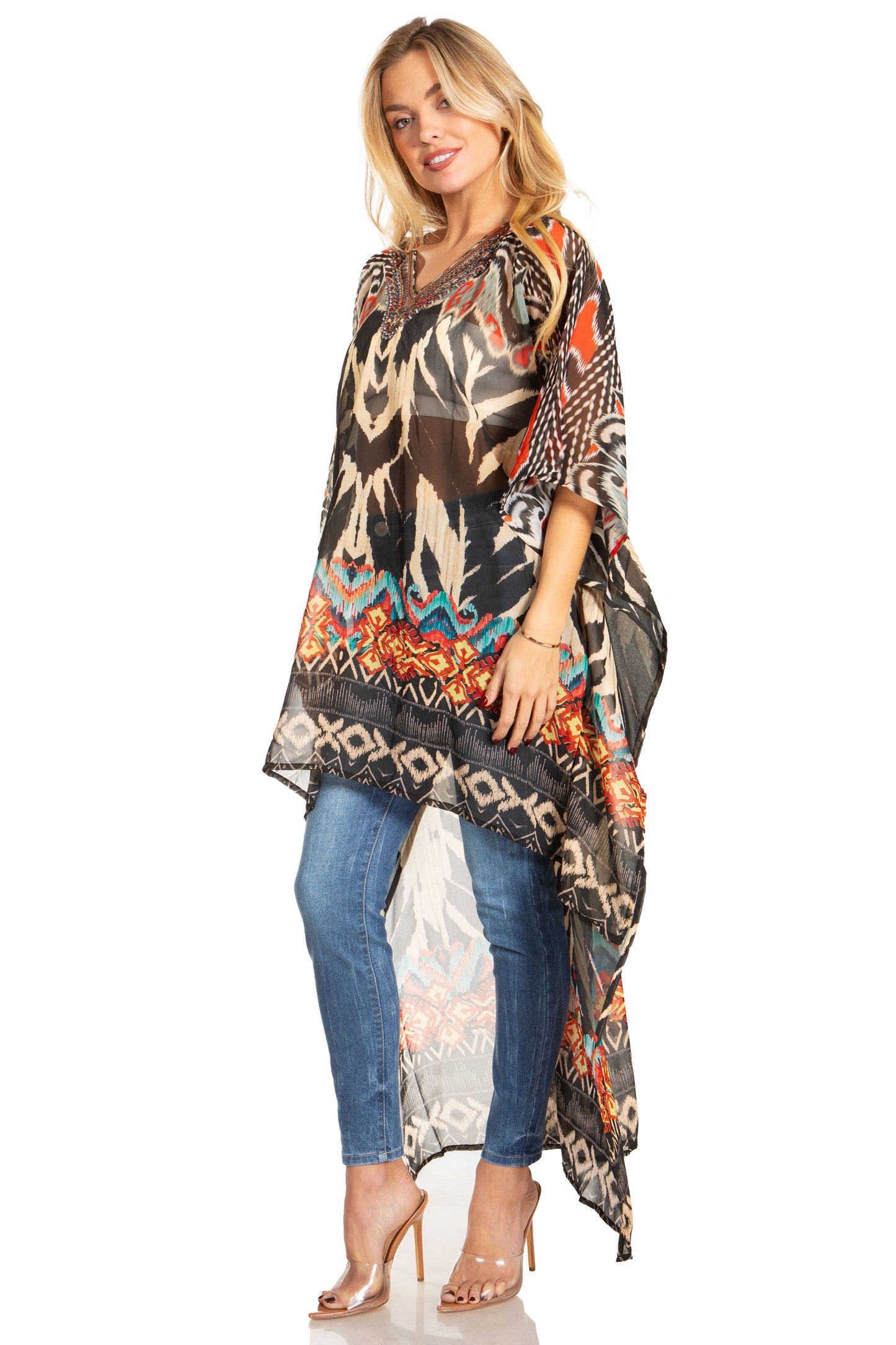Sakkas Zeke Hi Low V-Neck Caftan Dress Printed Top Cover / Up - Concordia Style Boutique