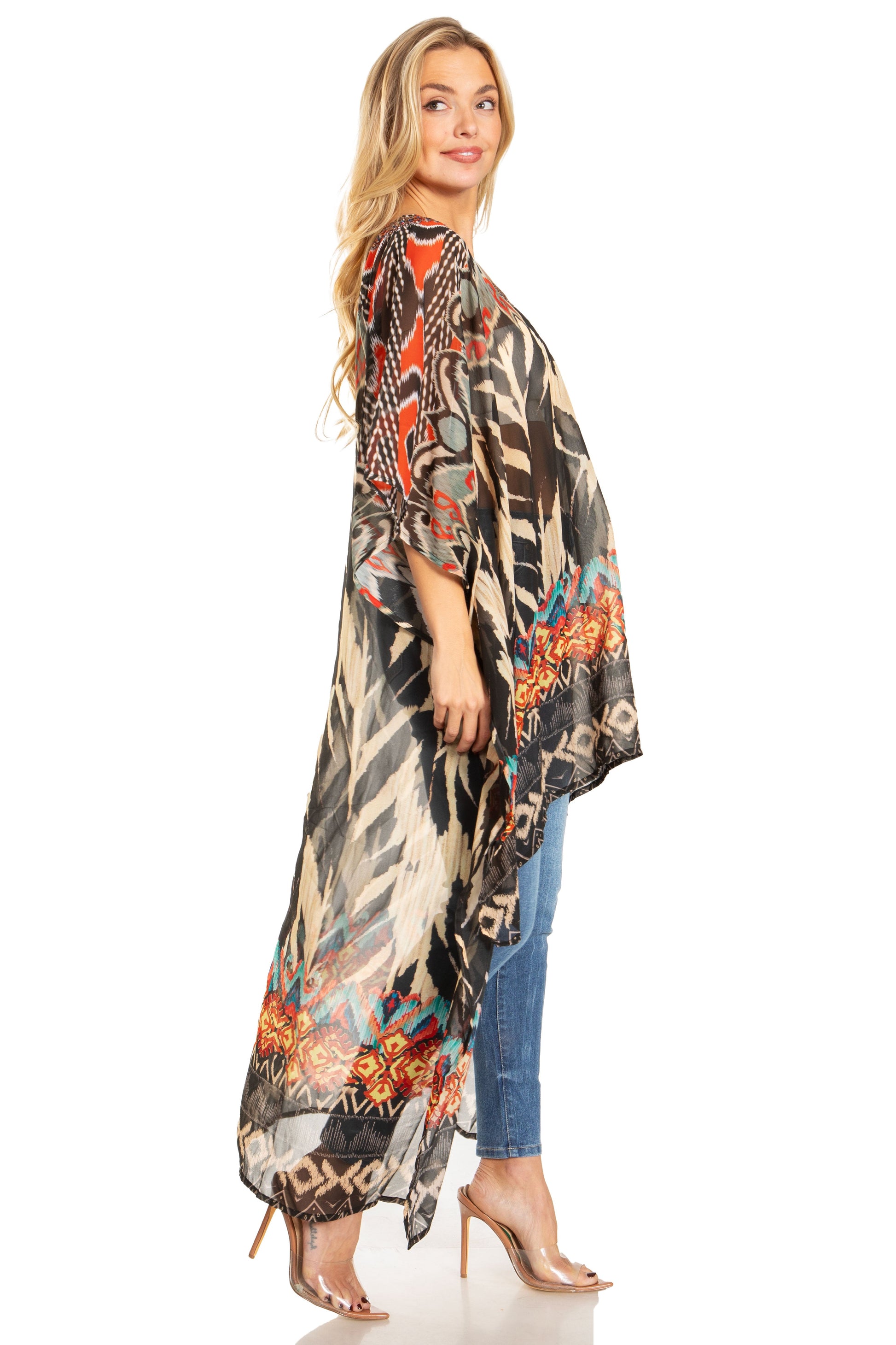 Sakkas Zeke Hi Low V-Neck Caftan Dress Printed Top Cover / Up - Concordia Style Boutique