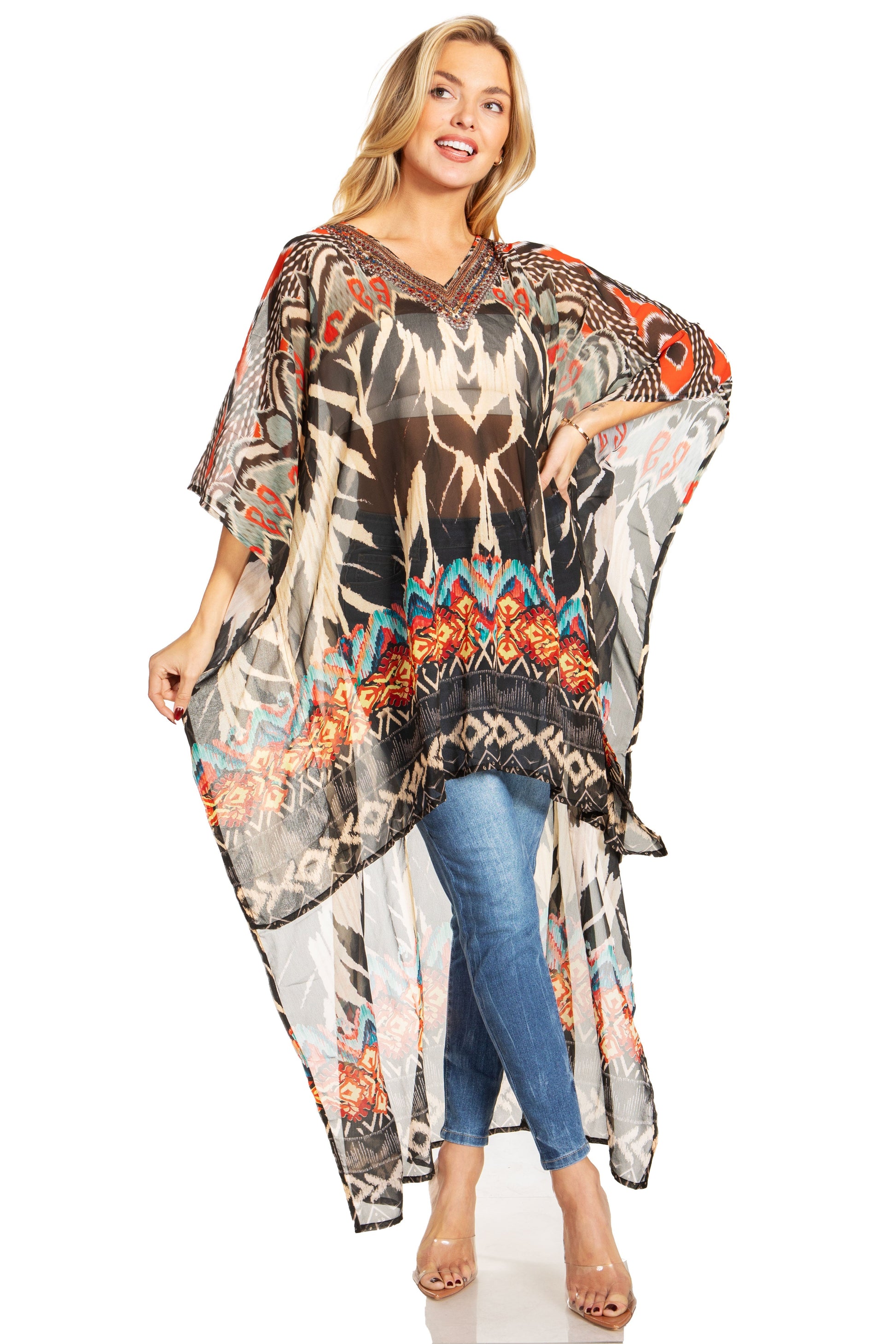 Sakkas Zeke Hi Low V-Neck Caftan Dress Printed Top Cover / Up - Concordia Style Boutique