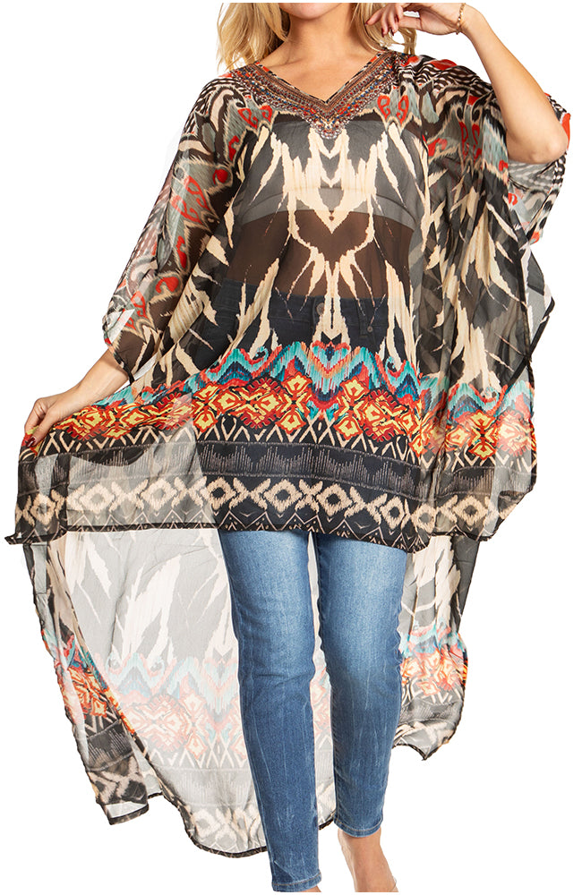 Sakkas Zeke Hi Low V-Neck Caftan Dress Printed Top Cover / Up - Concordia Style Boutique