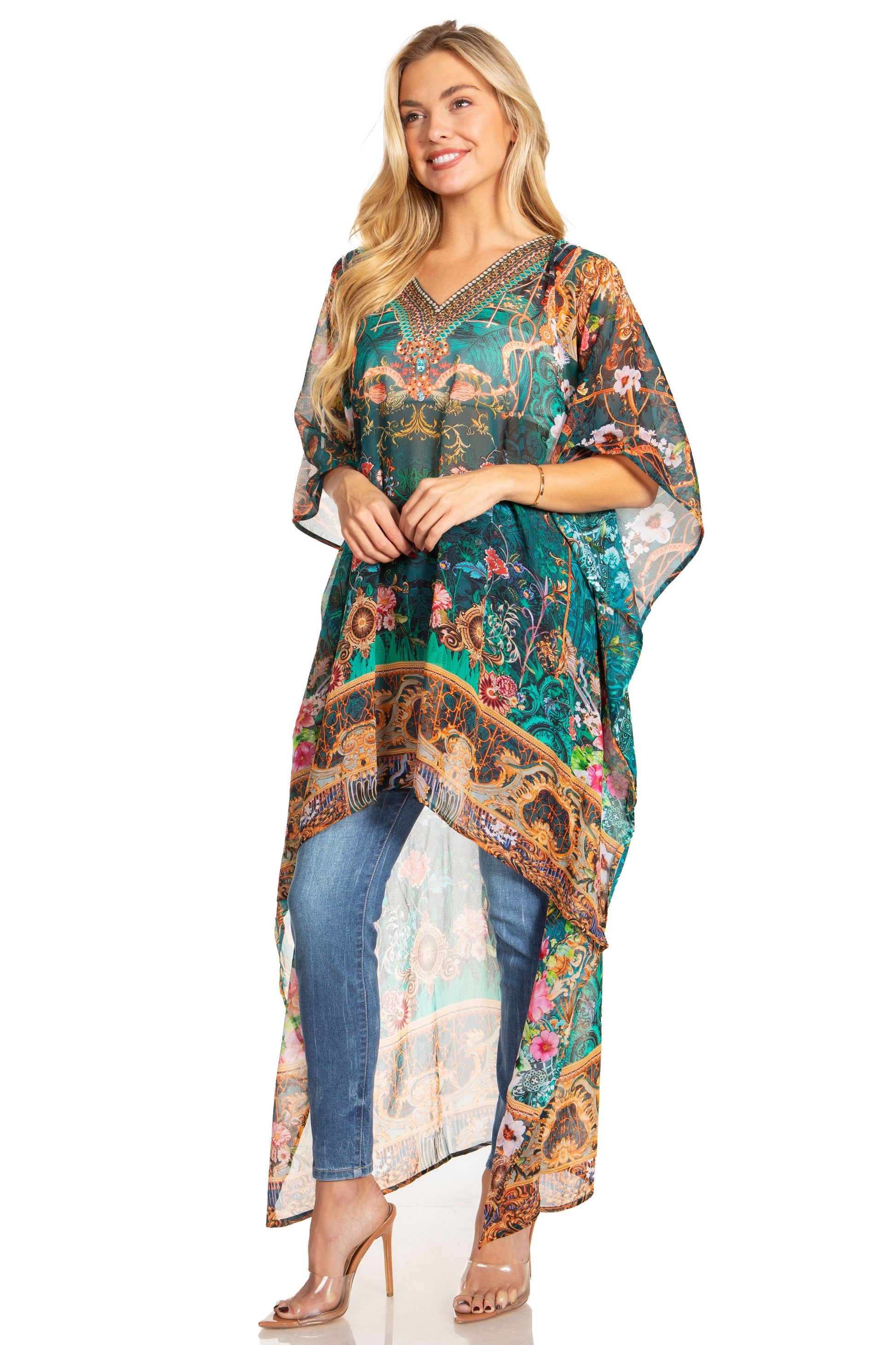 Sakkas Zeke Hi Low V-Neck Caftan Dress Printed Top Cover / Up - Concordia Style Boutique
