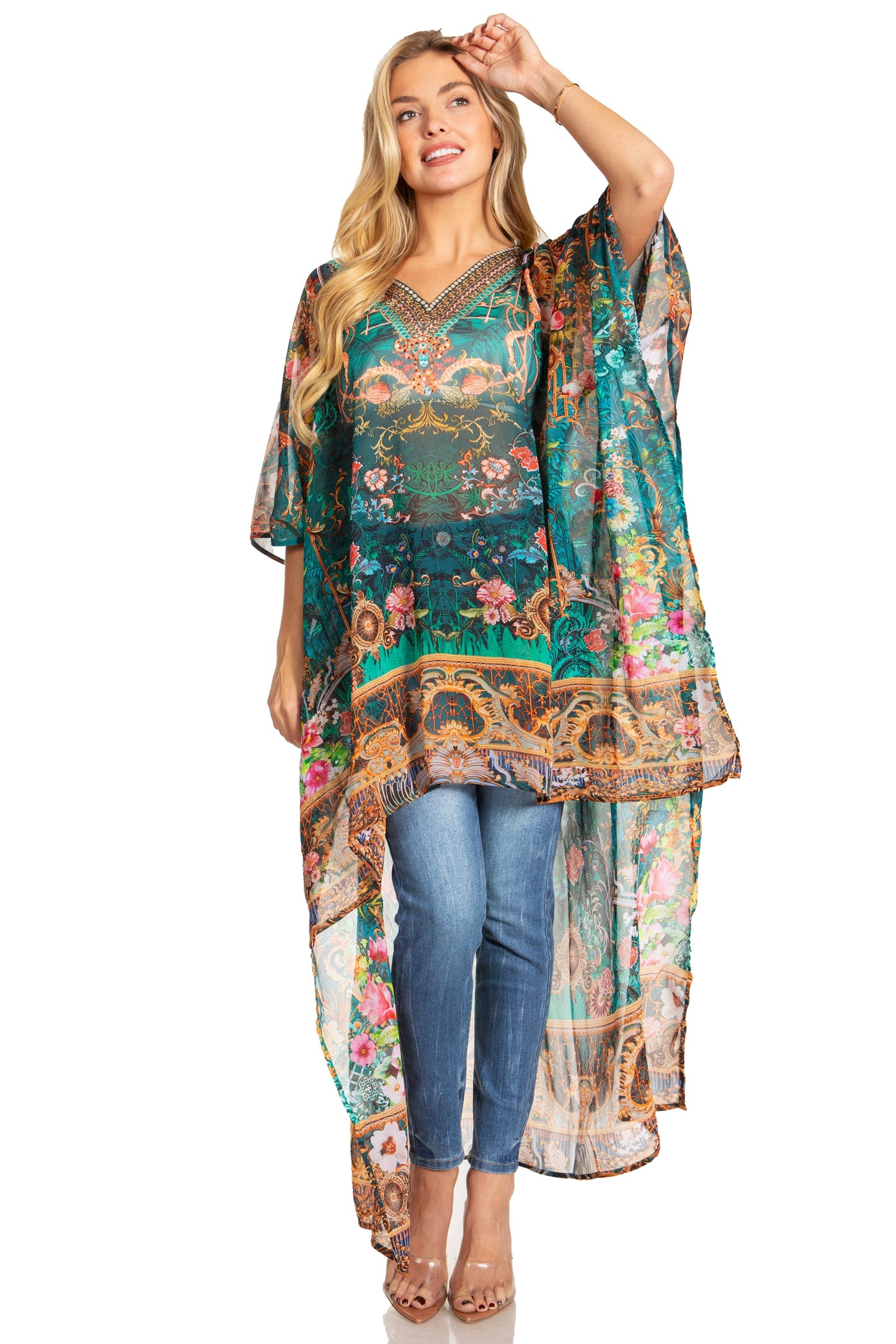 Sakkas Zeke Hi Low V-Neck Caftan Dress Printed Top Cover / Up - Concordia Style Boutique