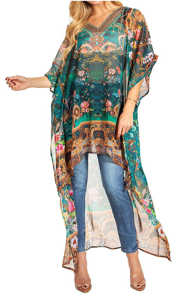 Sakkas Zeke Hi Low V-Neck Caftan Dress Printed Top Cover / Up - Concordia Style Boutique