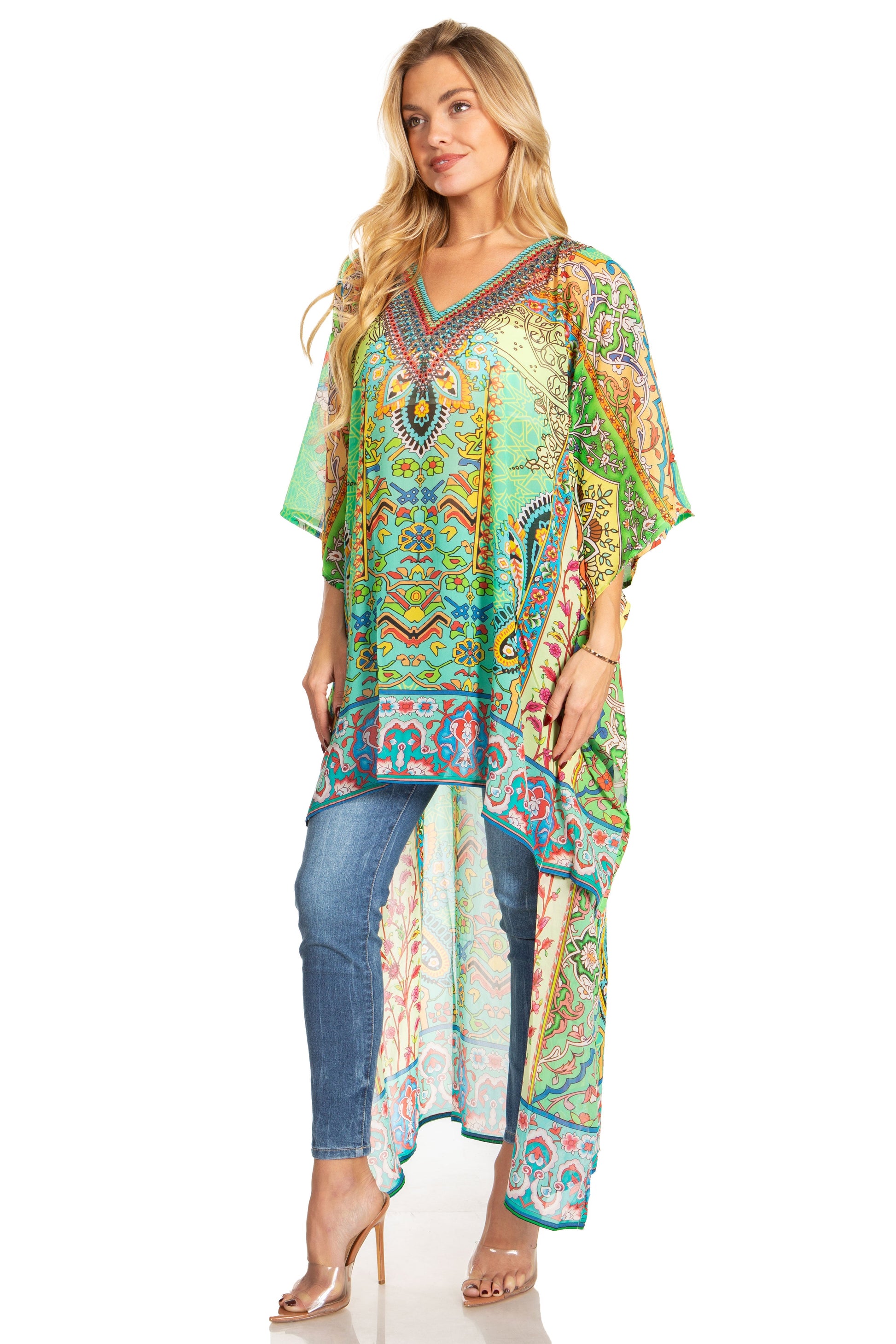 Sakkas Zeke Hi Low V-Neck Caftan Dress Printed Top Cover / Up - Concordia Style Boutique