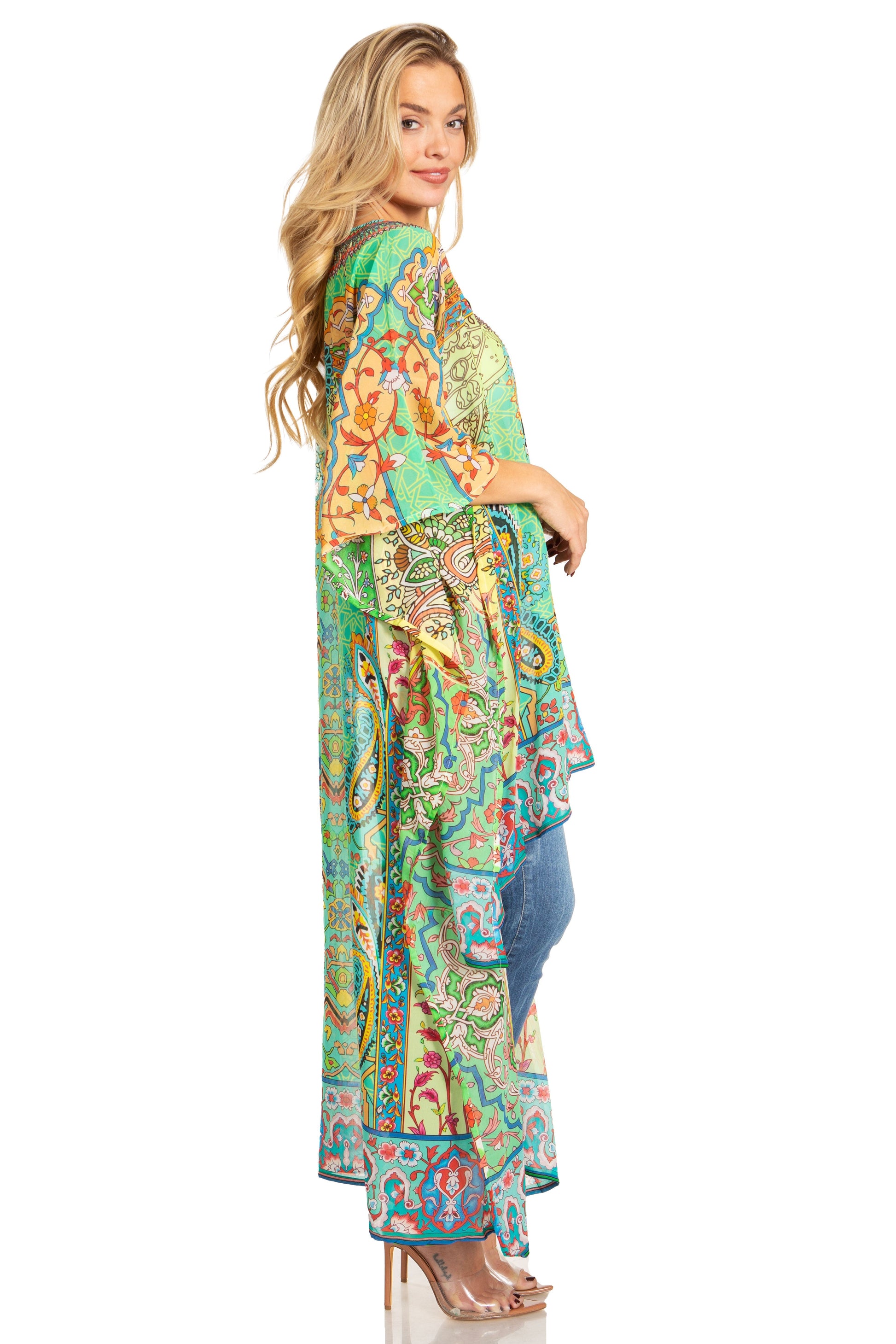 Sakkas Zeke Hi Low V-Neck Caftan Dress Printed Top Cover / Up - Concordia Style Boutique