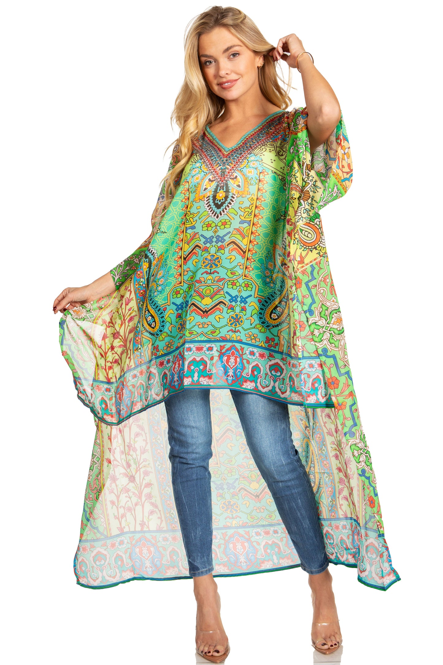 Sakkas Zeke Hi Low V-Neck Caftan Dress Printed Top Cover / Up - Concordia Style Boutique