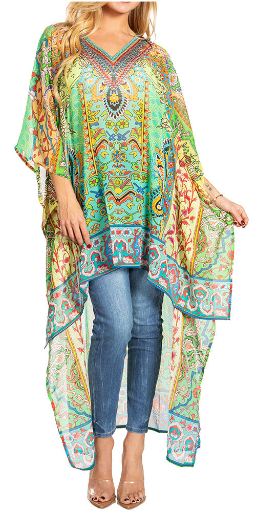 Sakkas Zeke Hi Low V-Neck Caftan Dress Printed Top Cover / Up - Concordia Style Boutique