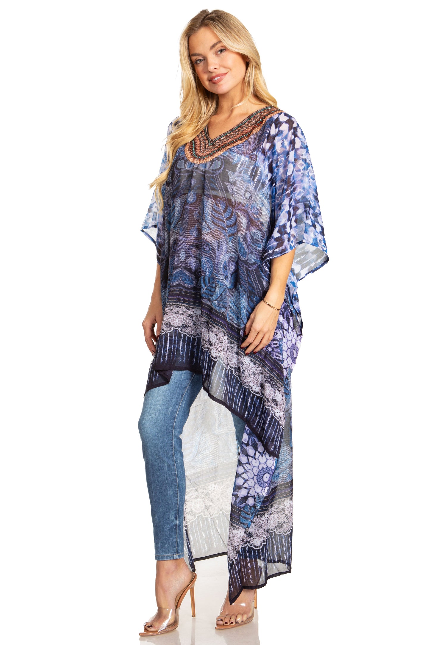 Sakkas Zeke Hi Low V-Neck Caftan Dress Printed Top Cover / Up - Concordia Style Boutique