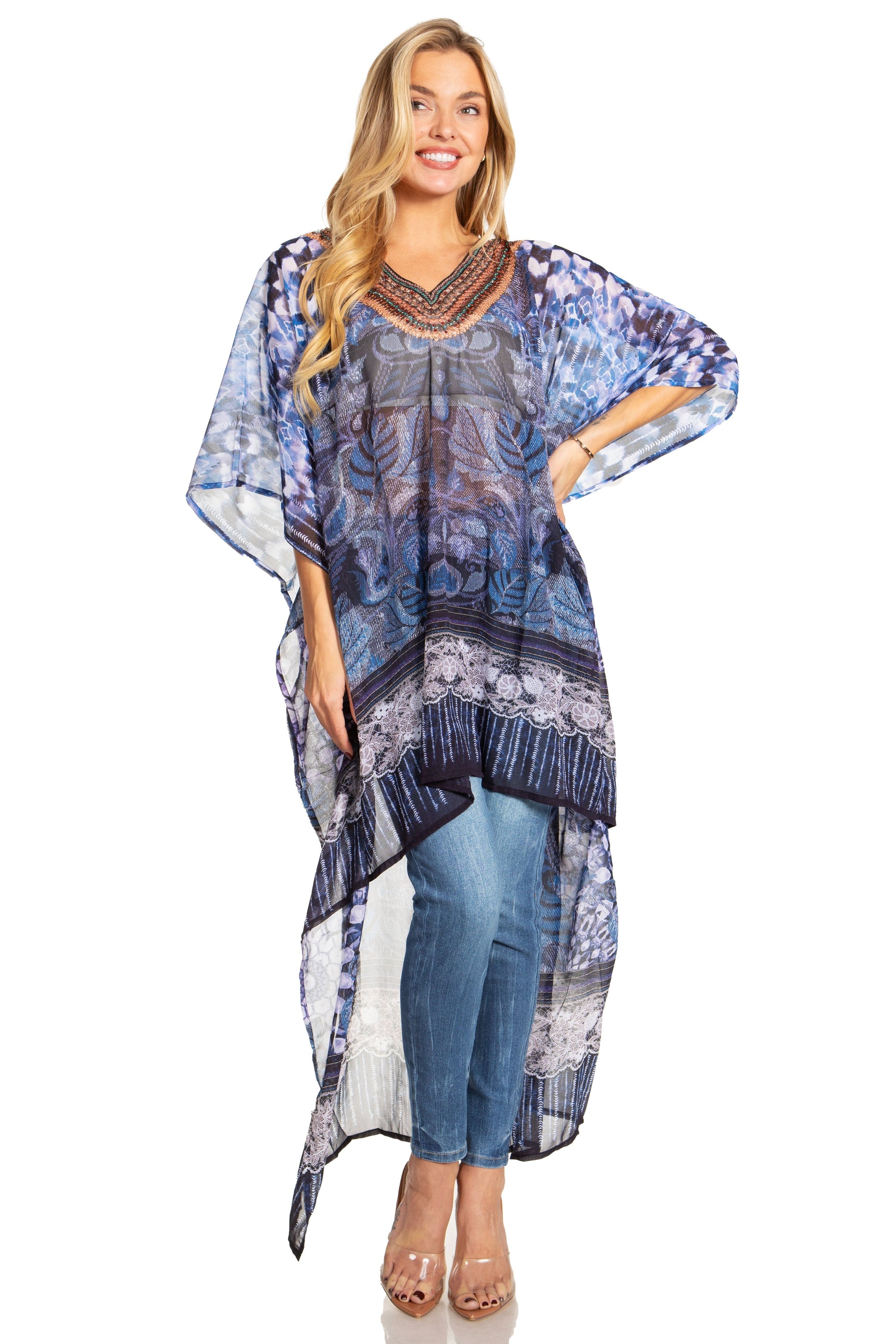Sakkas Zeke Hi Low V-Neck Caftan Dress Printed Top Cover / Up - Concordia Style Boutique