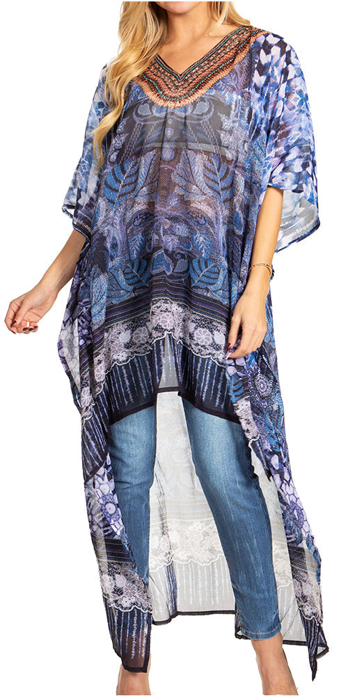 Sakkas Zeke Hi Low V-Neck Caftan Dress Printed Top Cover / Up - Concordia Style Boutique