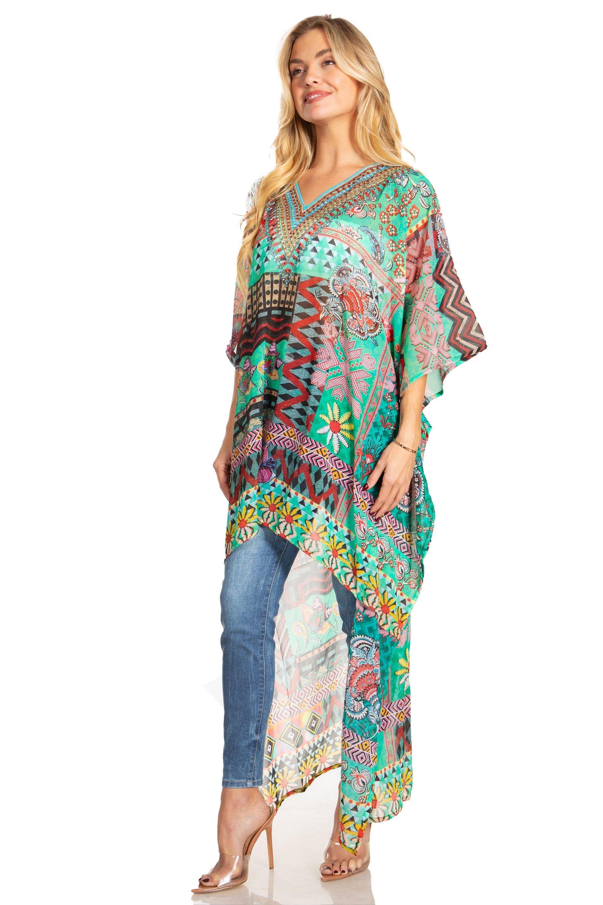 Sakkas Zeke Hi Low V-Neck Caftan Dress Printed Top Cover / Up - Concordia Style Boutique