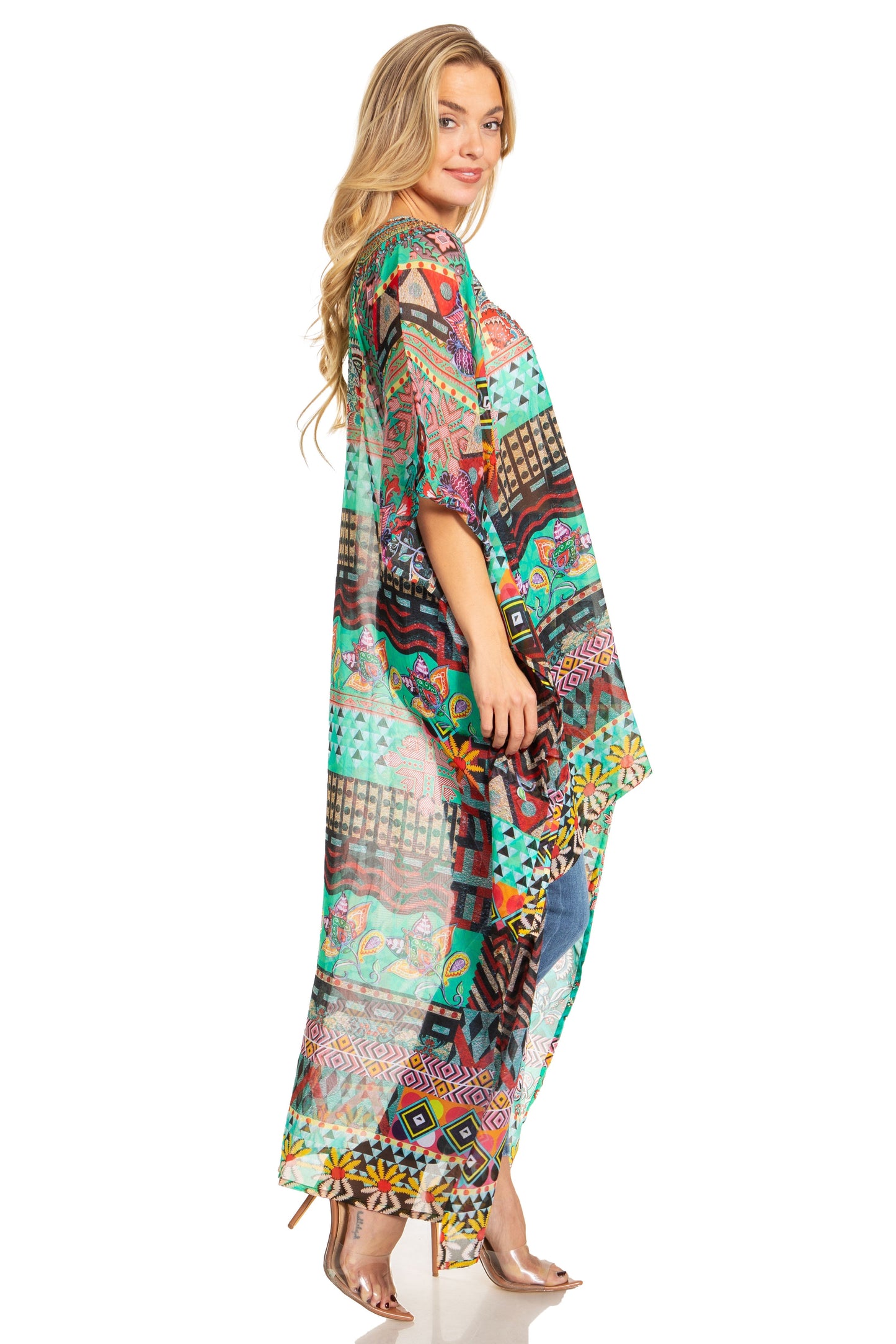 Sakkas Zeke Hi Low V-Neck Caftan Dress Printed Top Cover / Up - Concordia Style Boutique