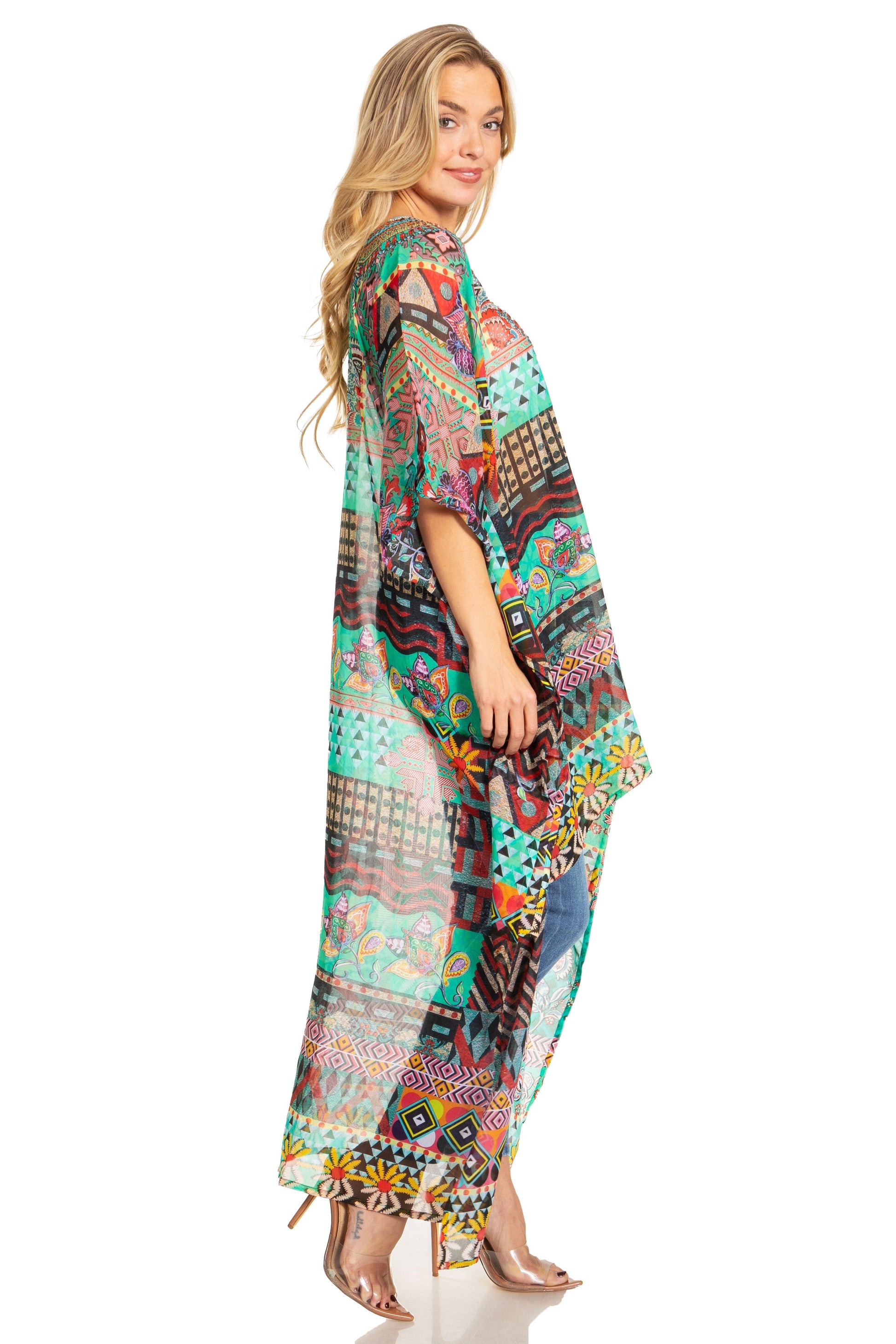 Sakkas Zeke Hi Low V-Neck Caftan Dress Printed Top Cover / Up - Concordia Style Boutique
