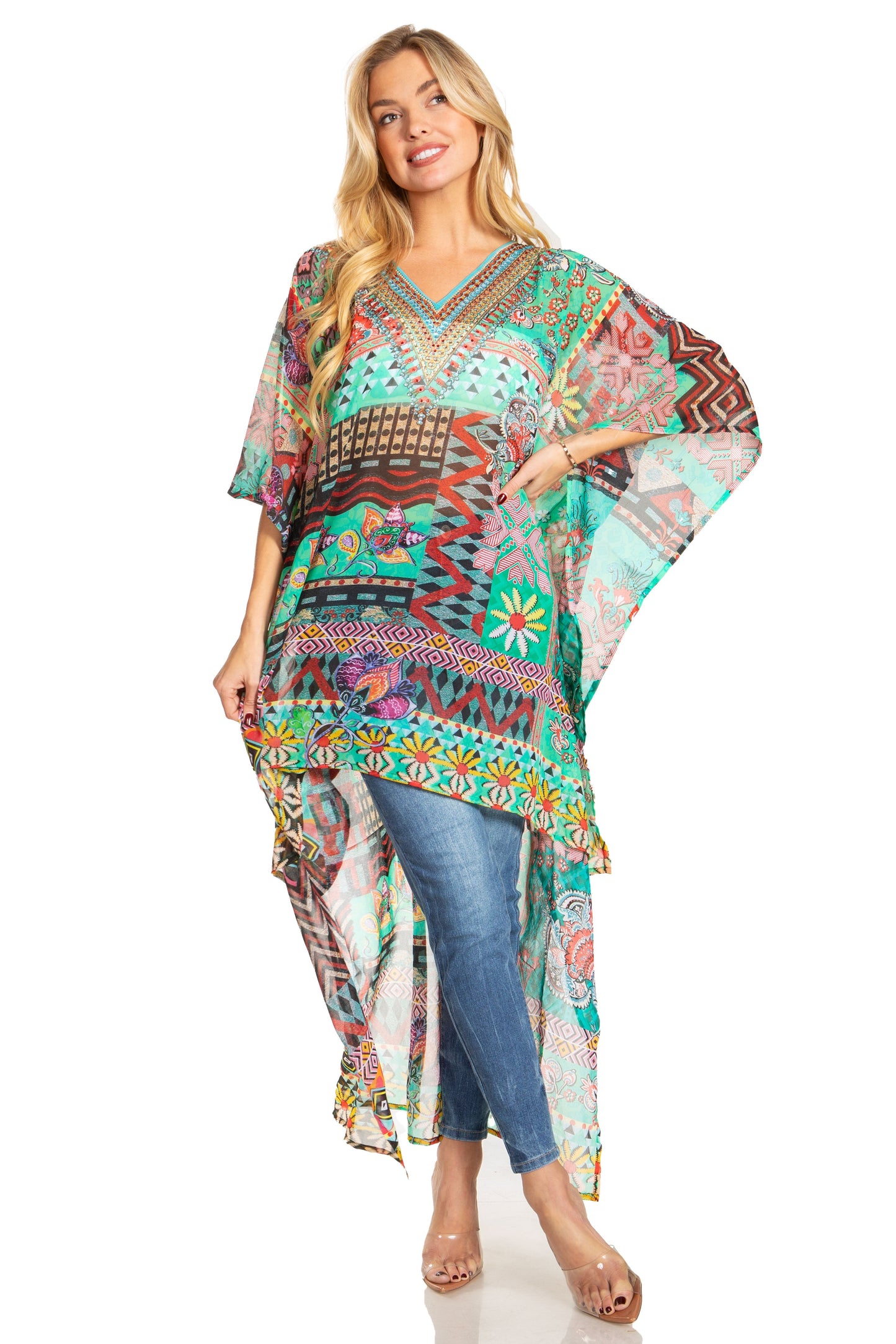 Sakkas Zeke Hi Low V-Neck Caftan Dress Printed Top Cover / Up - Concordia Style Boutique