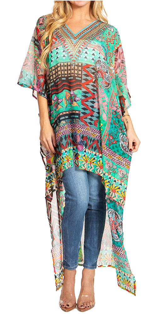 Sakkas Zeke Hi Low V-Neck Caftan Dress Printed Top Cover / Up - Concordia Style Boutique