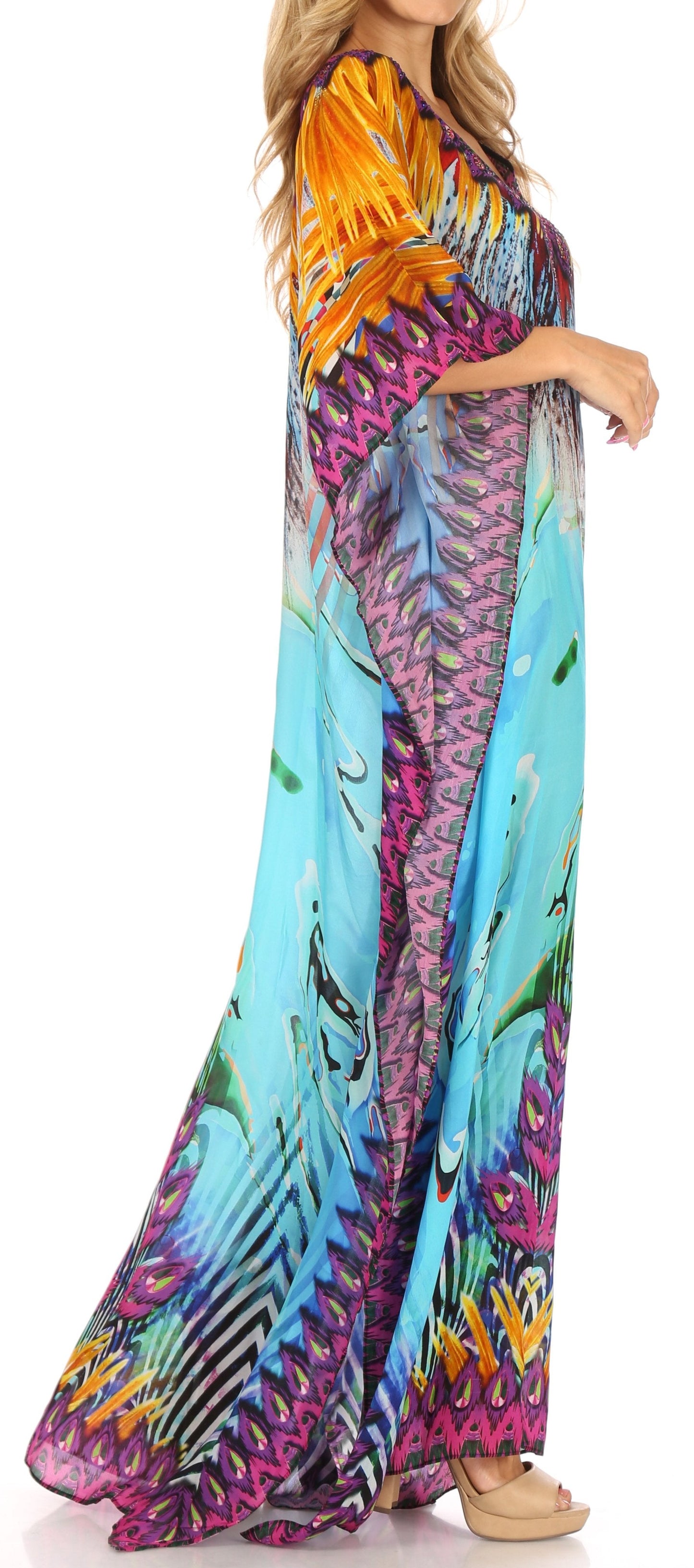 Sakkas Anahi Flowy Design V Neck Long Caftan Dress / Cover Up With Rhinestone - Concordia Style Boutique