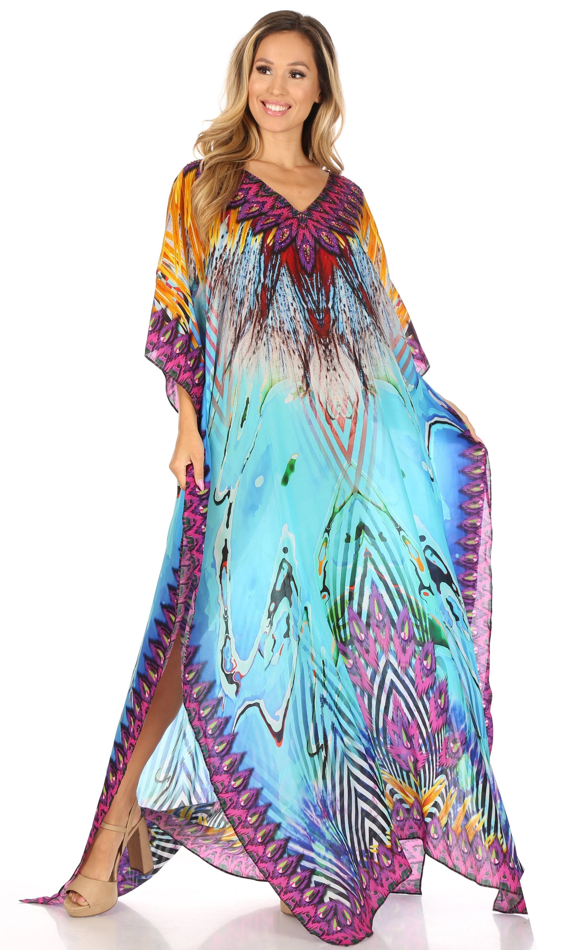 Sakkas Anahi Flowy Design V Neck Long Caftan Dress / Cover Up With Rhinestone - Concordia Style Boutique
