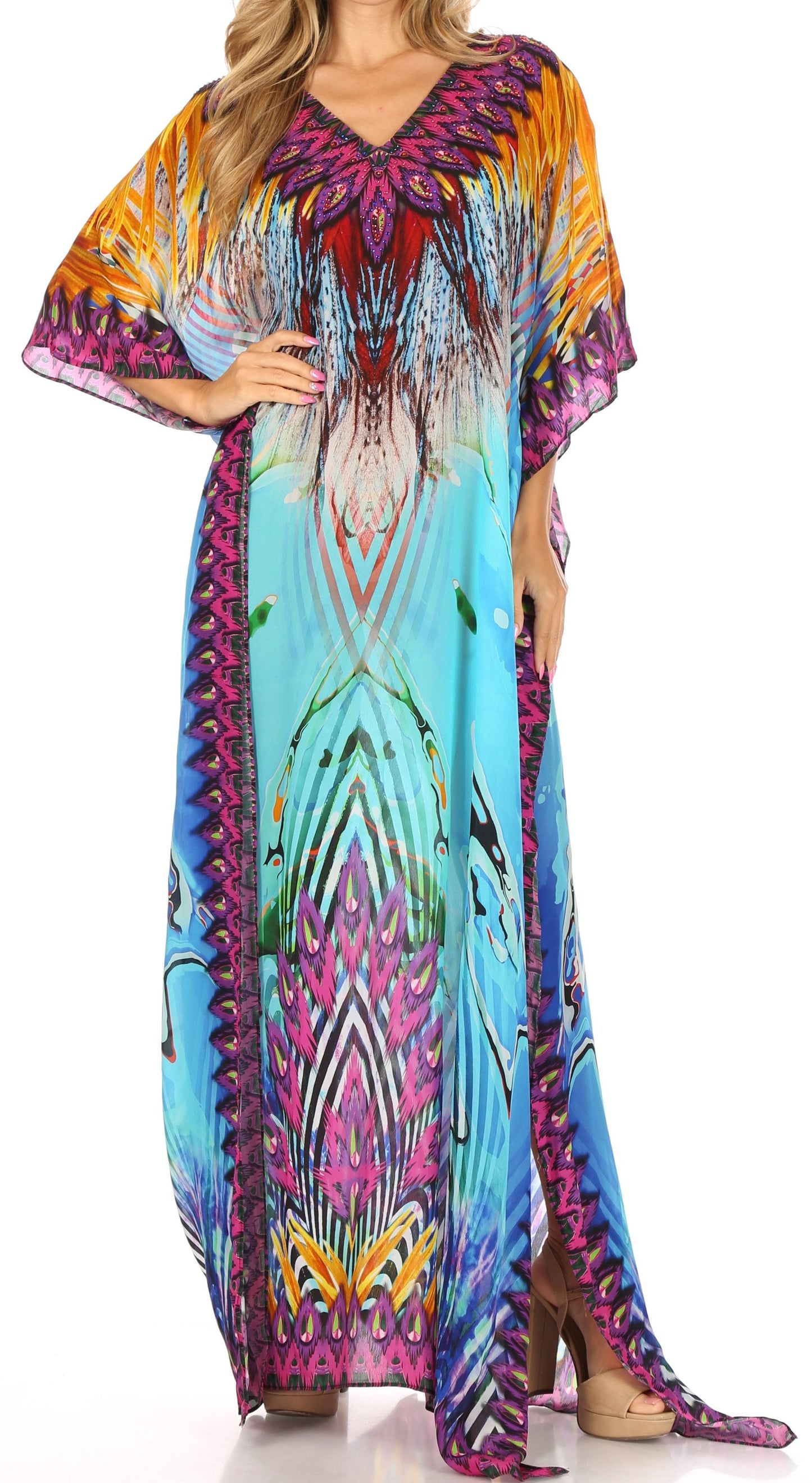 Sakkas Anahi Flowy Design V Neck Long Caftan Dress / Cover Up With Rhinestone - Concordia Style Boutique