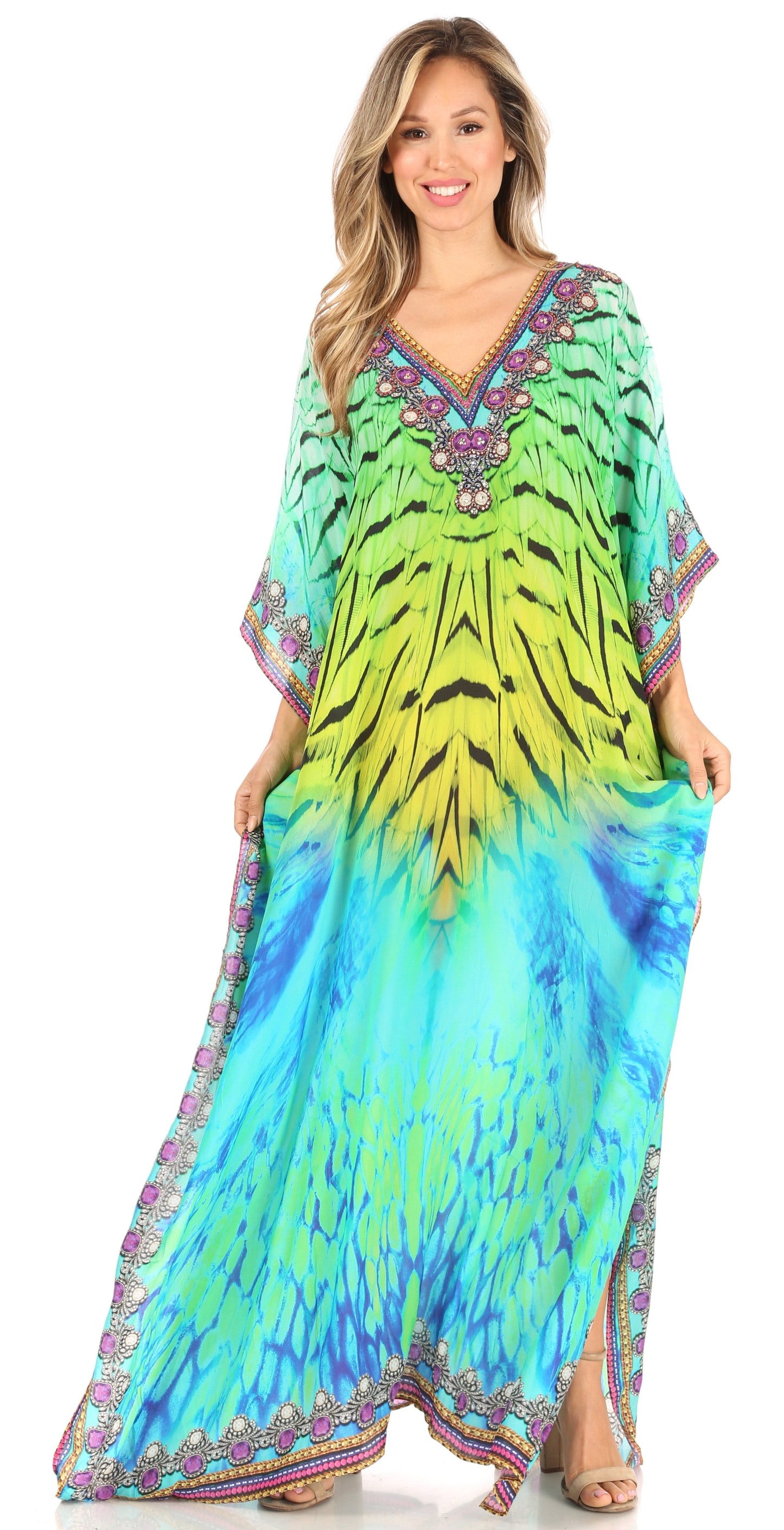 Sakkas Anahi Flowy Design V Neck Long Caftan Dress / Cover Up With Rhinestone - Concordia Style Boutique