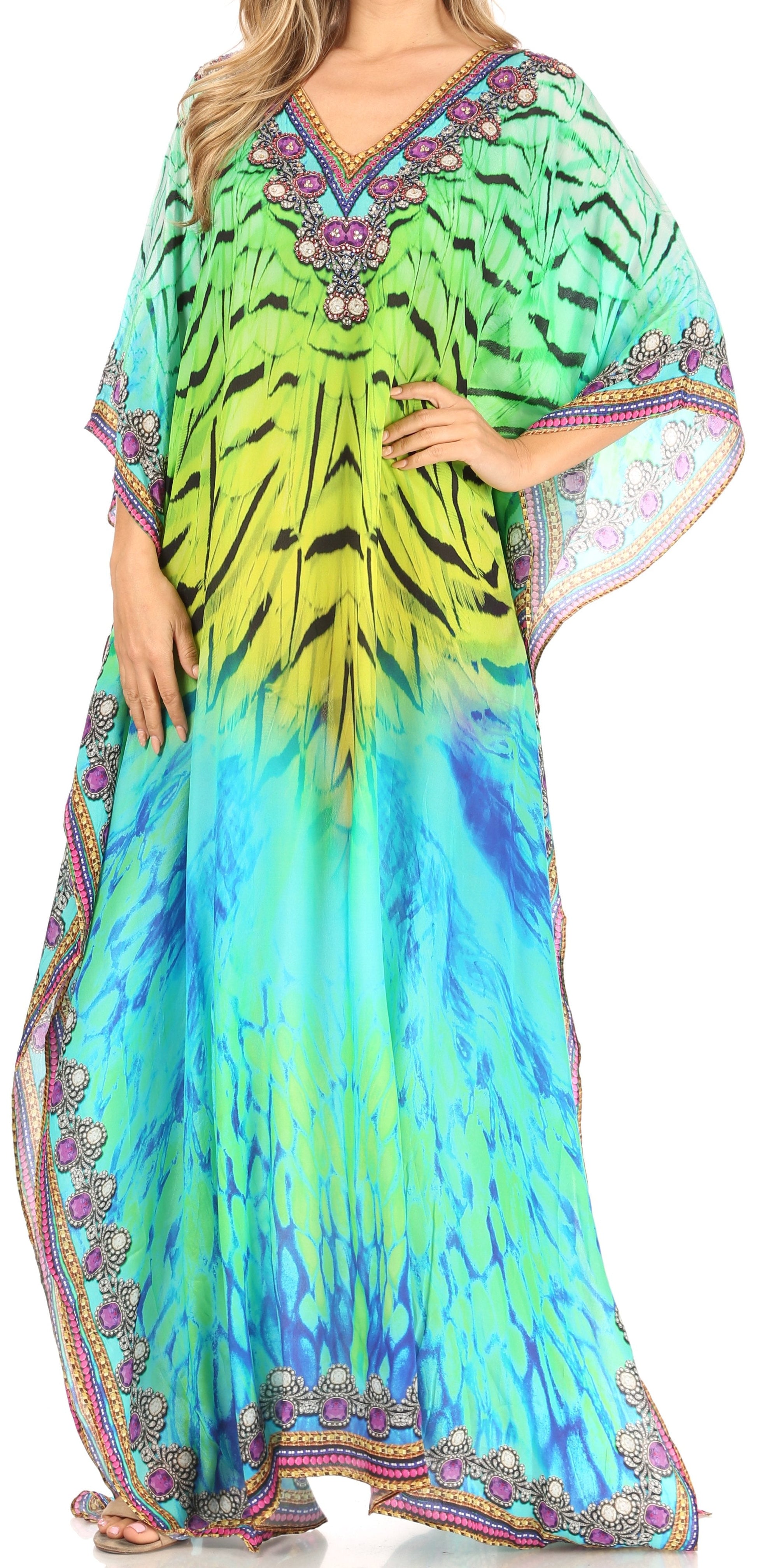Sakkas Anahi Flowy Design V Neck Long Caftan Dress / Cover Up With Rhinestone - Concordia Style Boutique