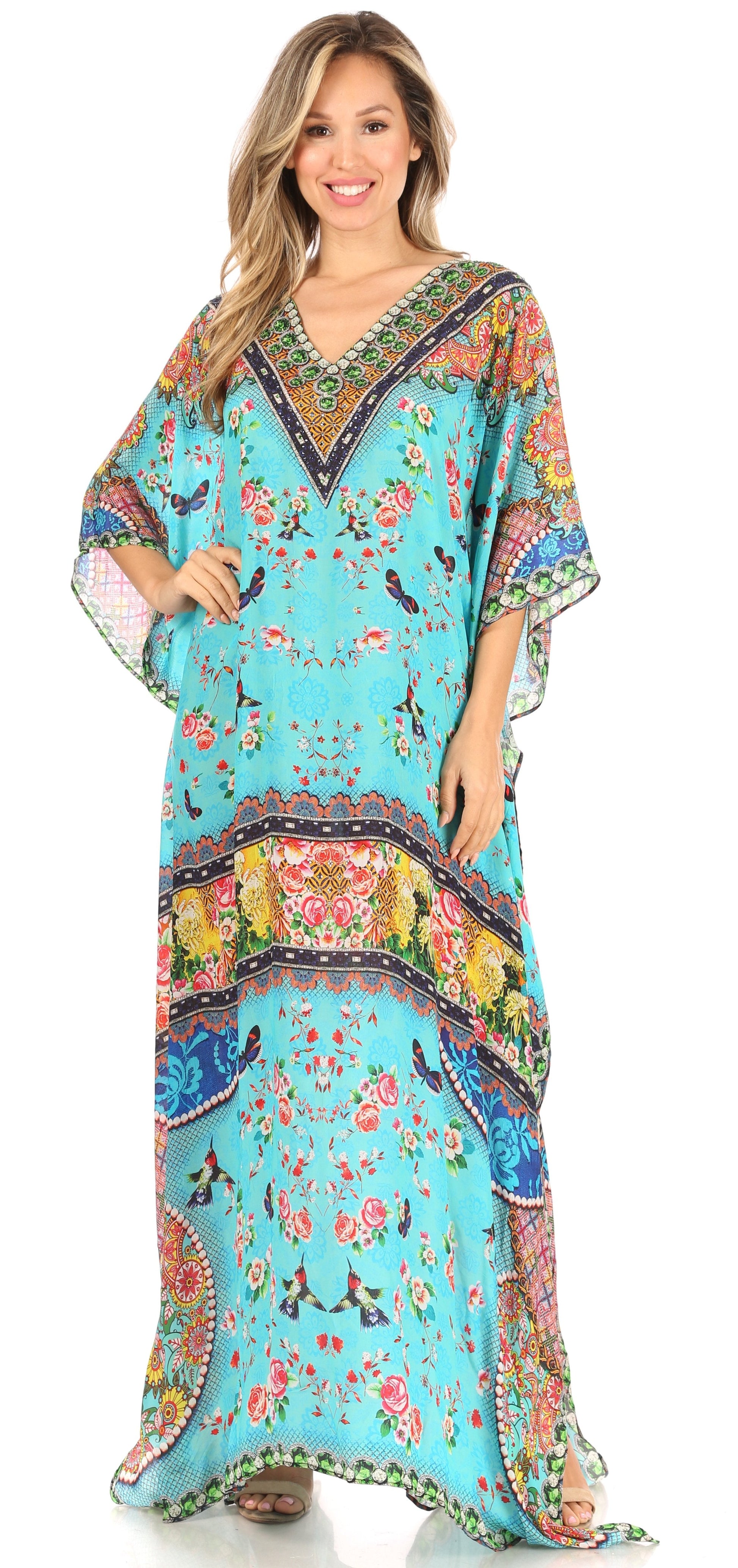 Sakkas Anahi Flowy Design V Neck Long Caftan Dress / Cover Up With Rhinestone - Concordia Style Boutique