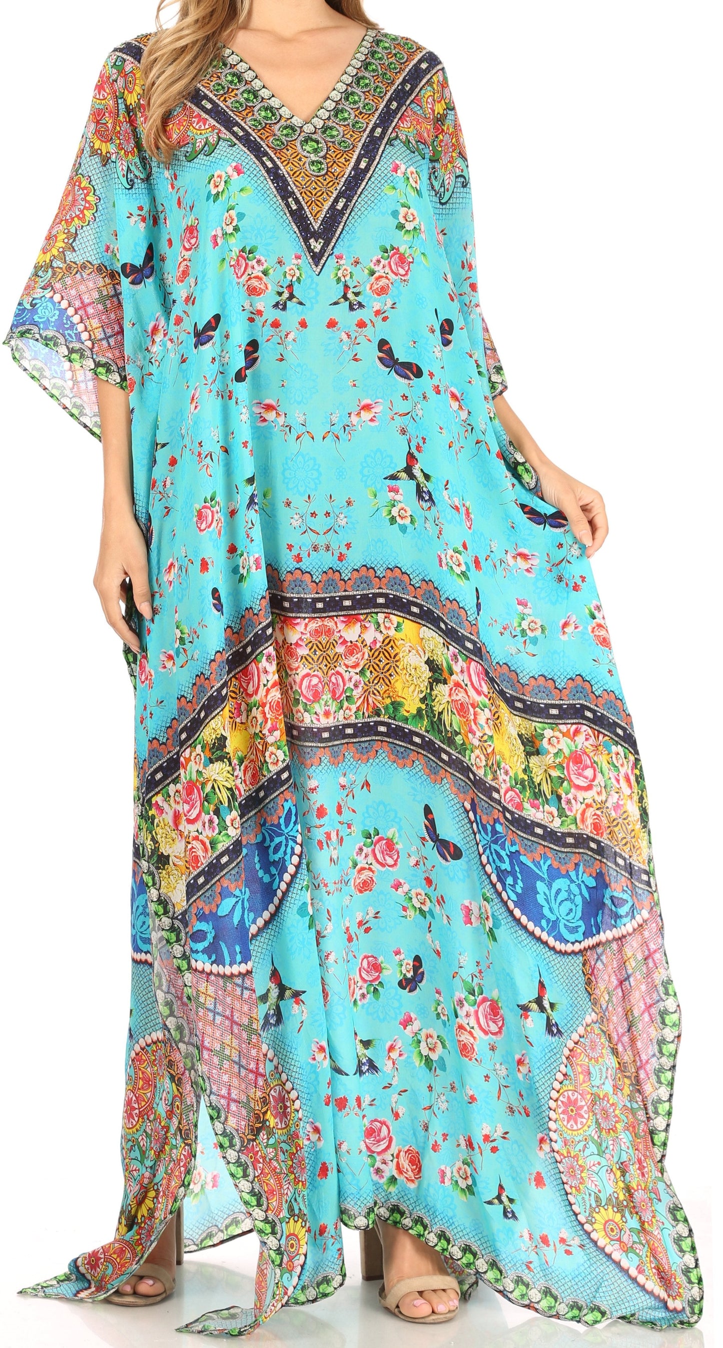 Sakkas Anahi Flowy Design V Neck Long Caftan Dress / Cover Up With Rhinestone - Concordia Style Boutique