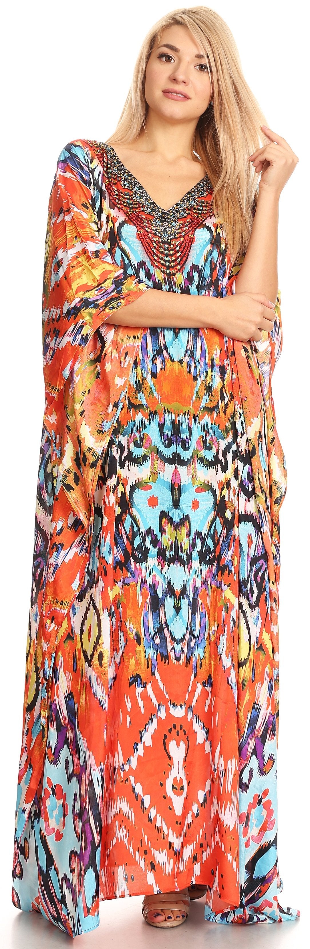 Sakkas Anahi Flowy Design V Neck Long Caftan Dress / Cover Up With Rhinestone - Concordia Style Boutique