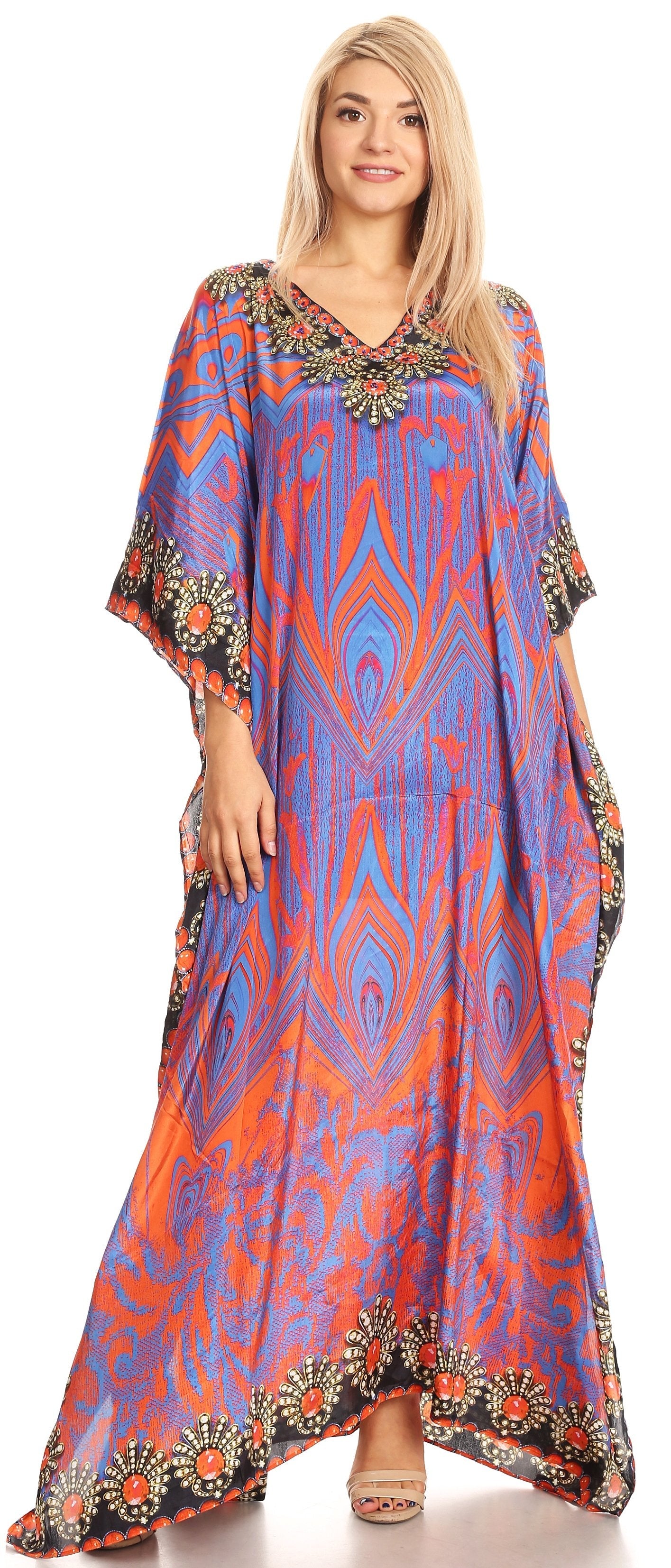 Sakkas Anahi Flowy Design V Neck Long Caftan Dress / Cover Up With Rhinestone - Concordia Style Boutique