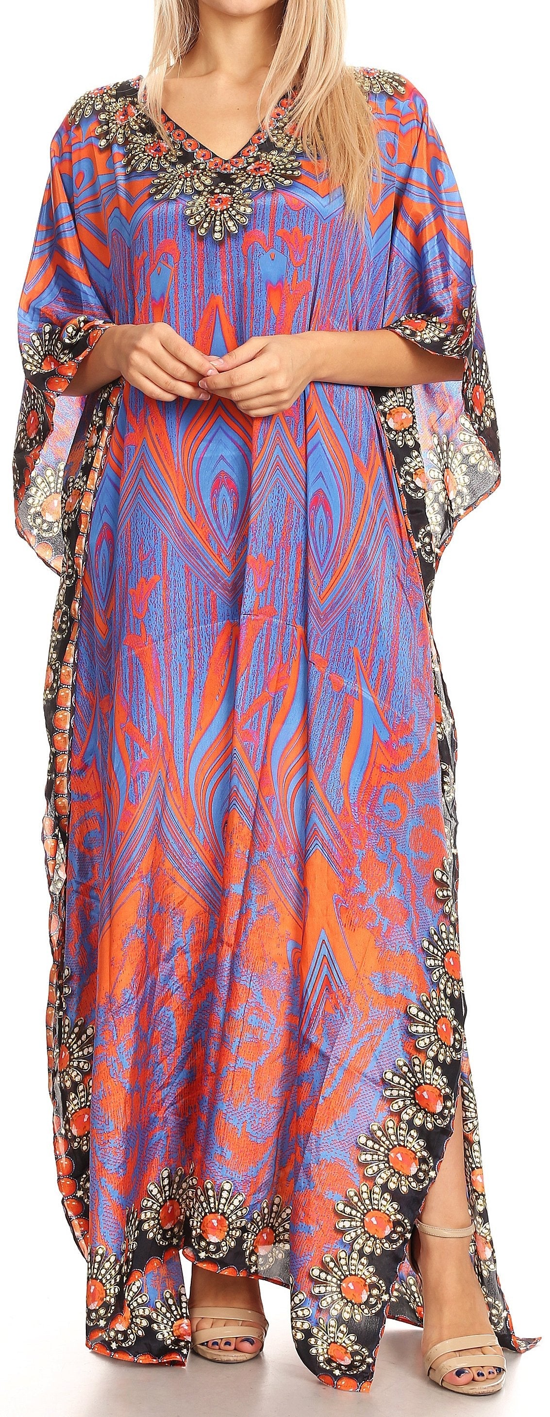 Sakkas Anahi Flowy Design V Neck Long Caftan Dress / Cover Up With Rhinestone - Concordia Style Boutique
