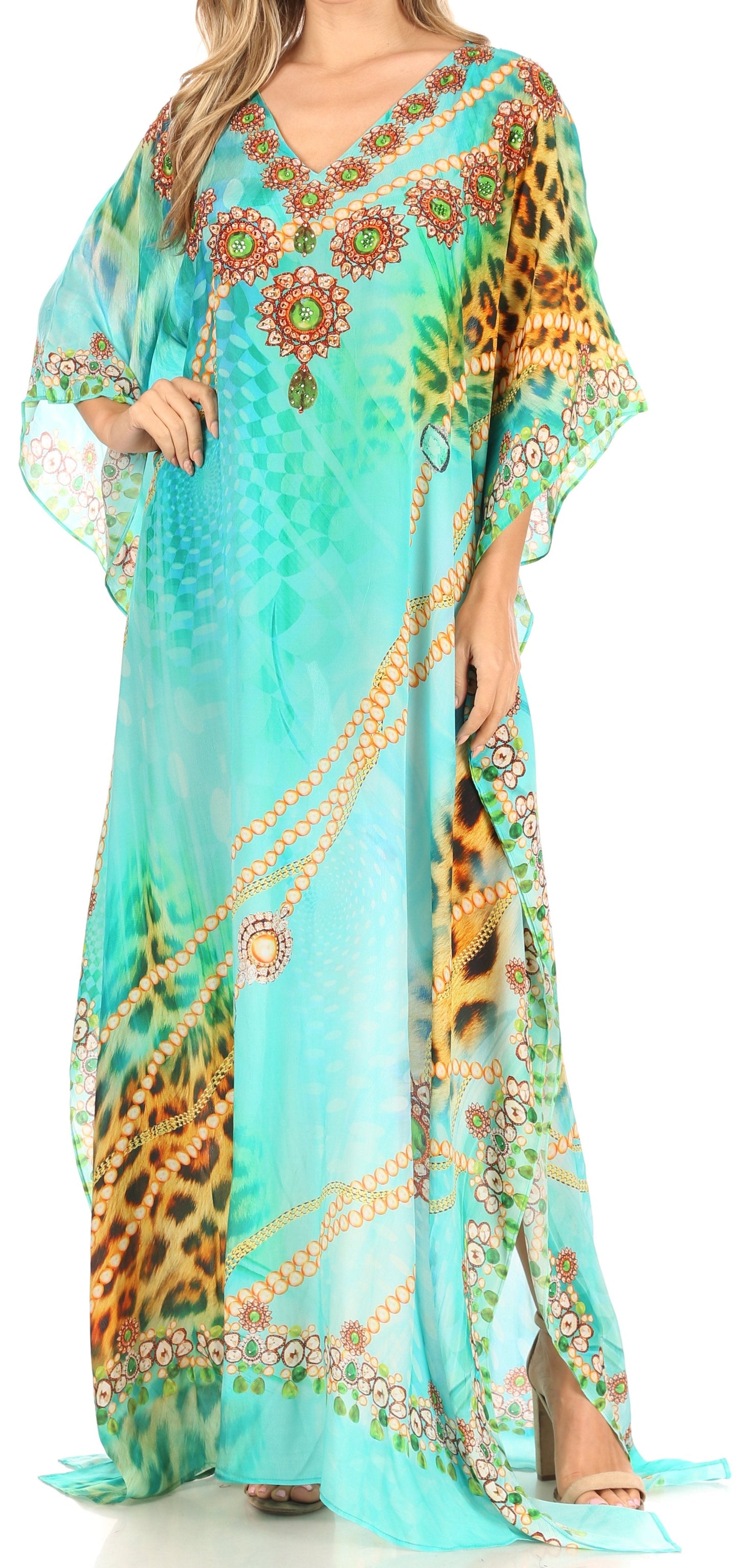 Sakkas Anahi Flowy Design V Neck Long Caftan Dress / Cover Up With Rhinestone - Concordia Style Boutique